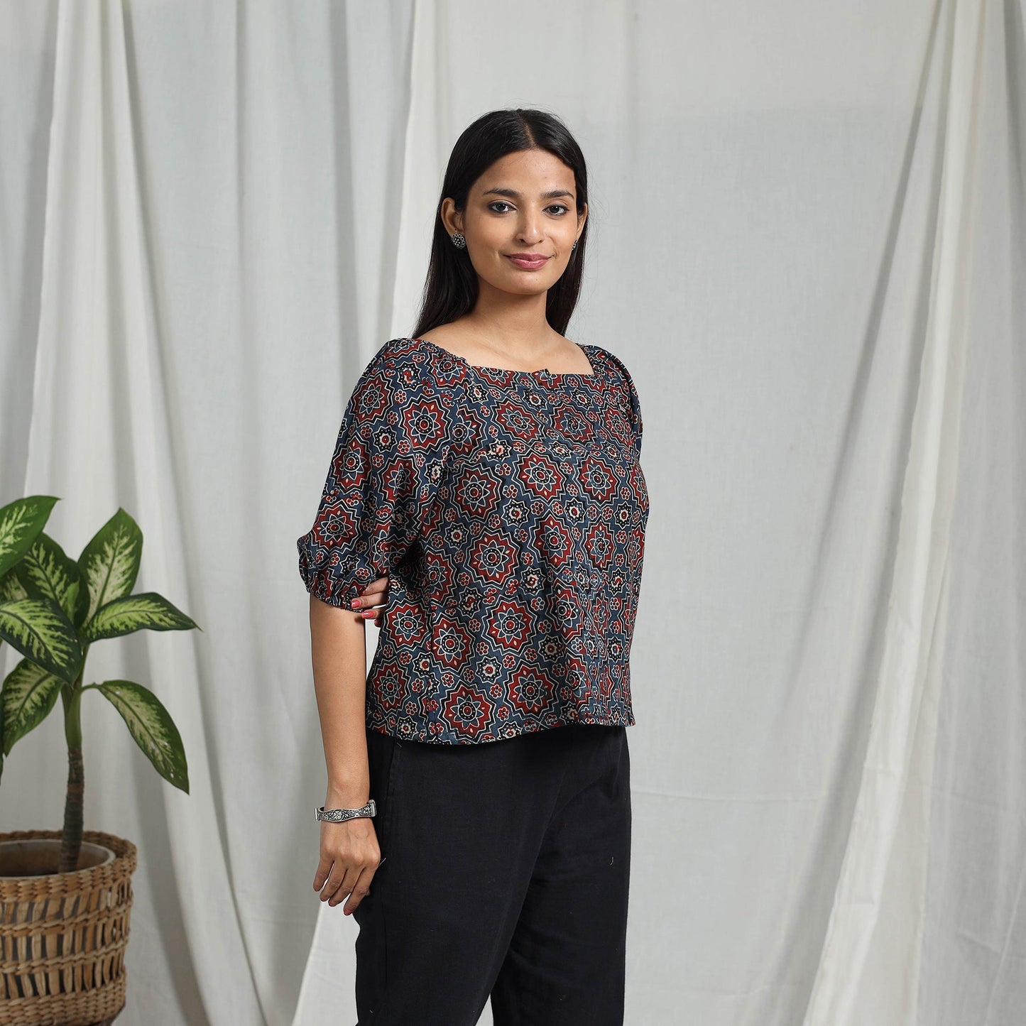 Multicolor Block Print Cotton Natural Dyed Ajrakh Crop Top