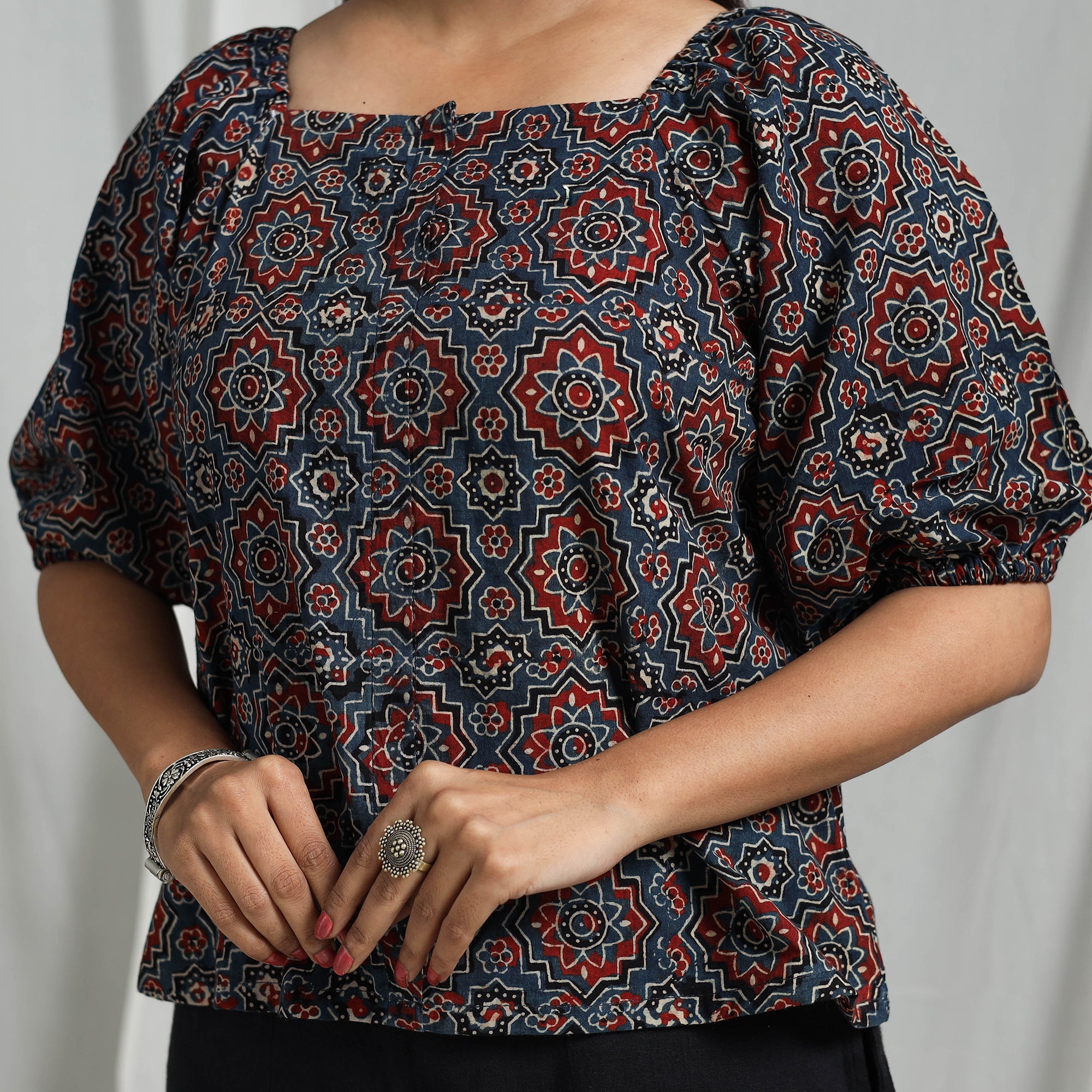 Multicolor Block Print Cotton Natural Dyed Ajrakh Crop Top