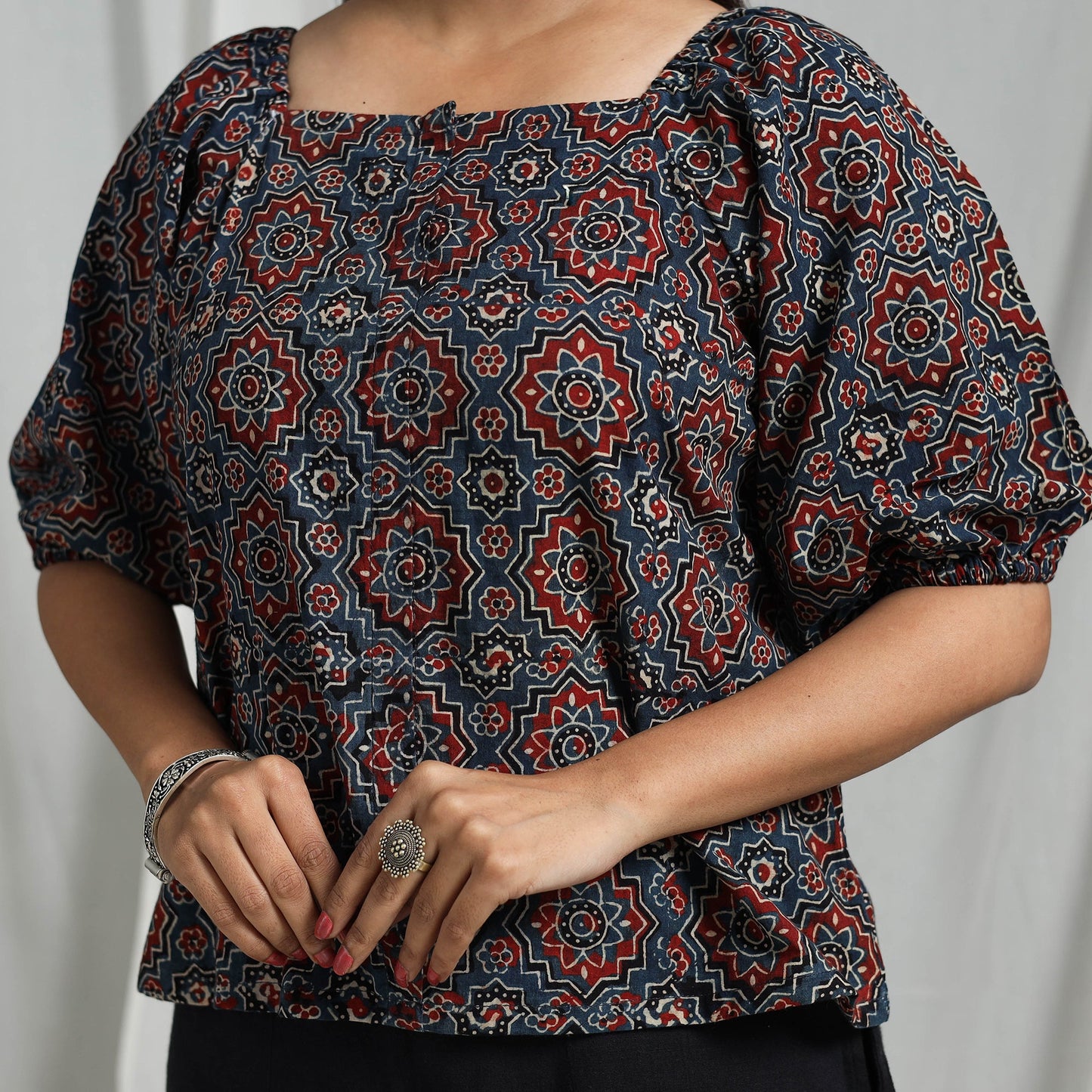 Multicolor Block Print Cotton Natural Dyed Ajrakh Crop Top