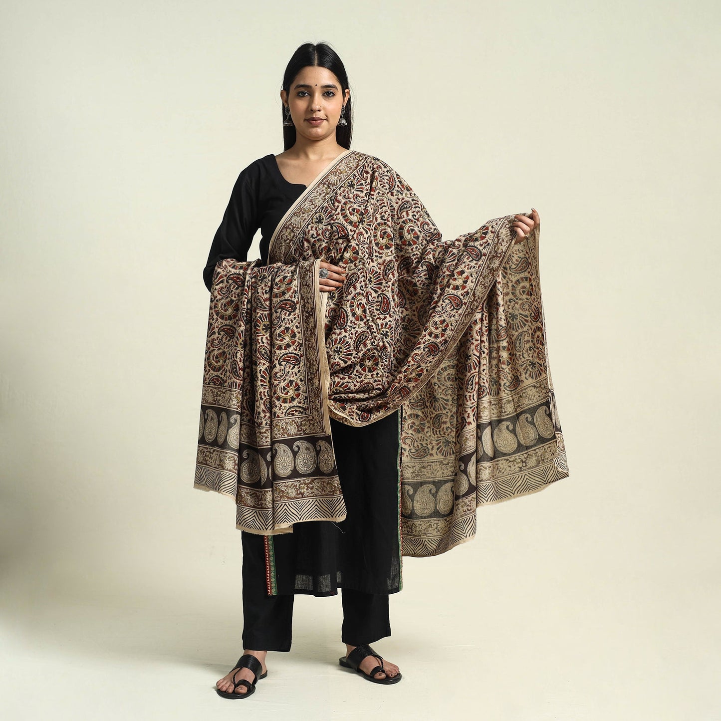  Multicolor Block Print Cotton Pedana Kalamkari Dupatta