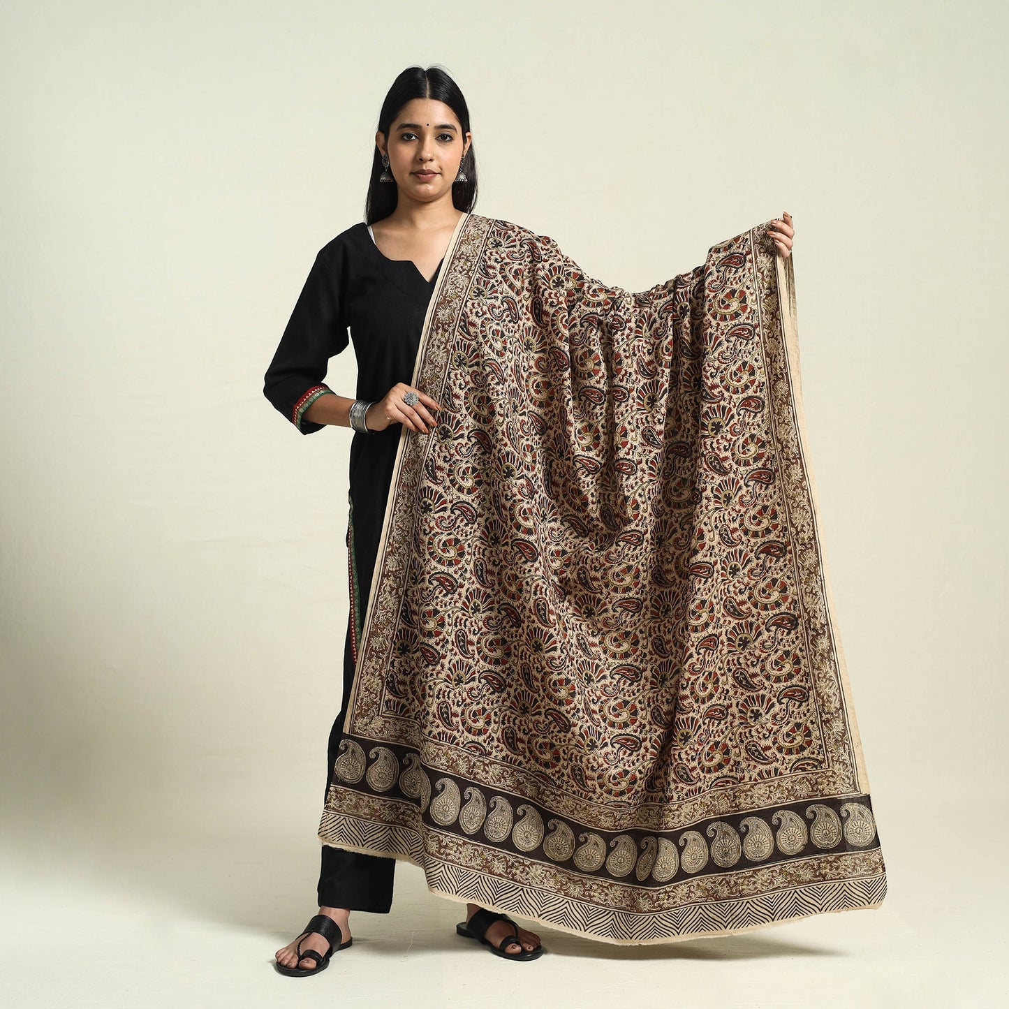  Multicolor Block Print Cotton Pedana Kalamkari Dupatta
