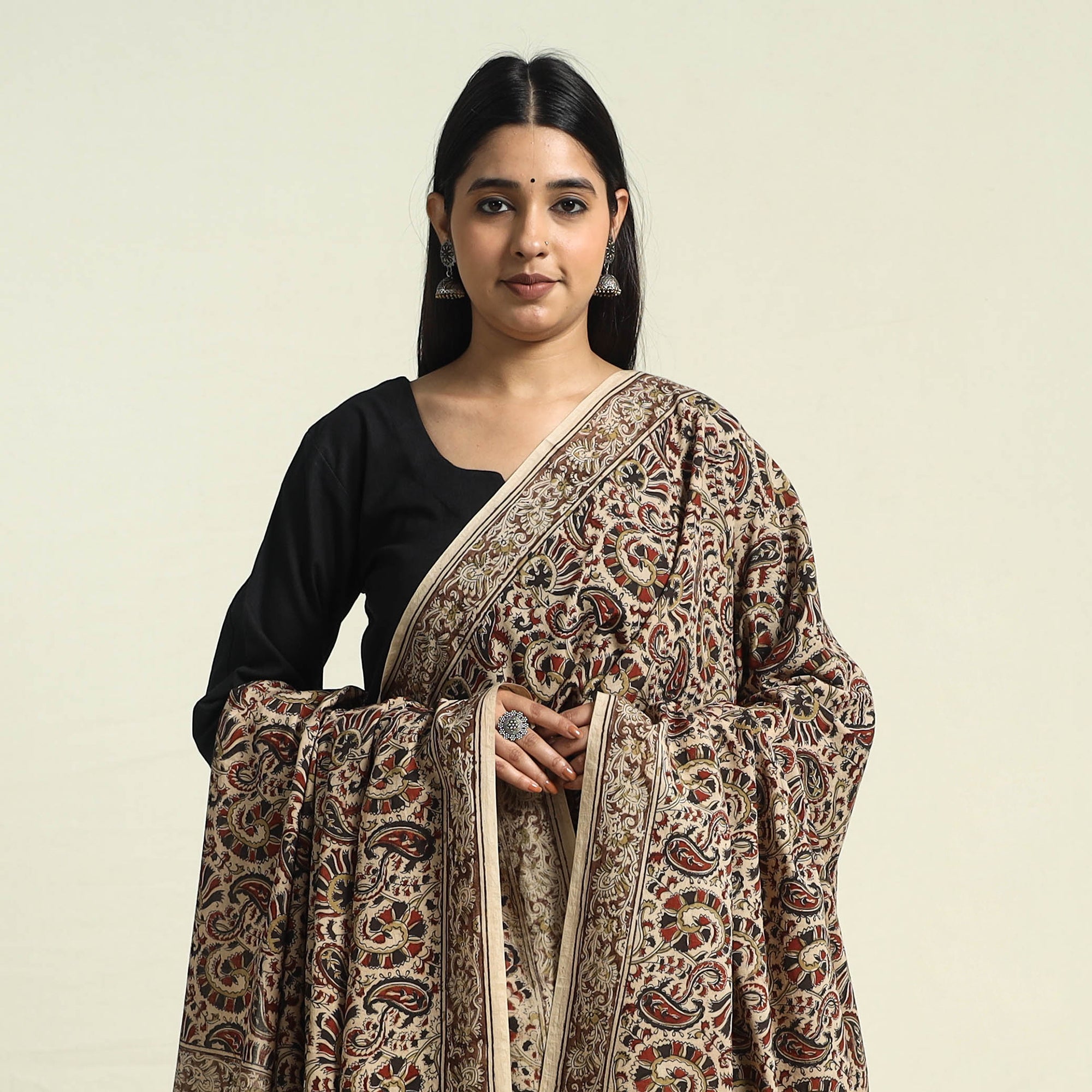  Multicolor Block Print Cotton Pedana Kalamkari Dupatta