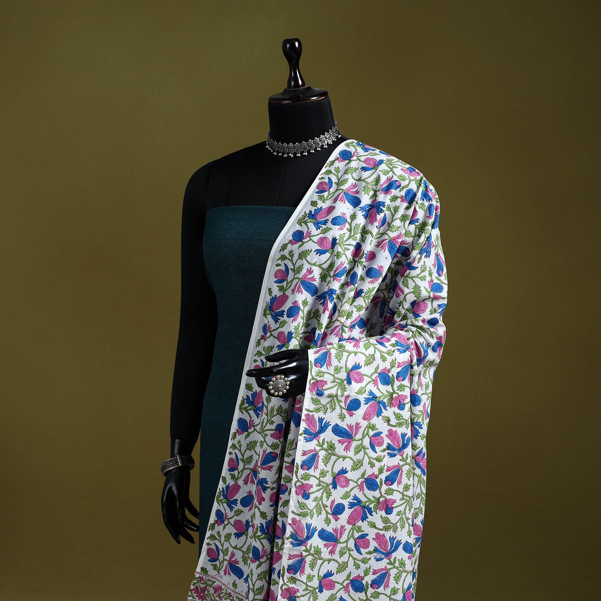 Cotton sanganeri floral dupatta 03 - handcrafted