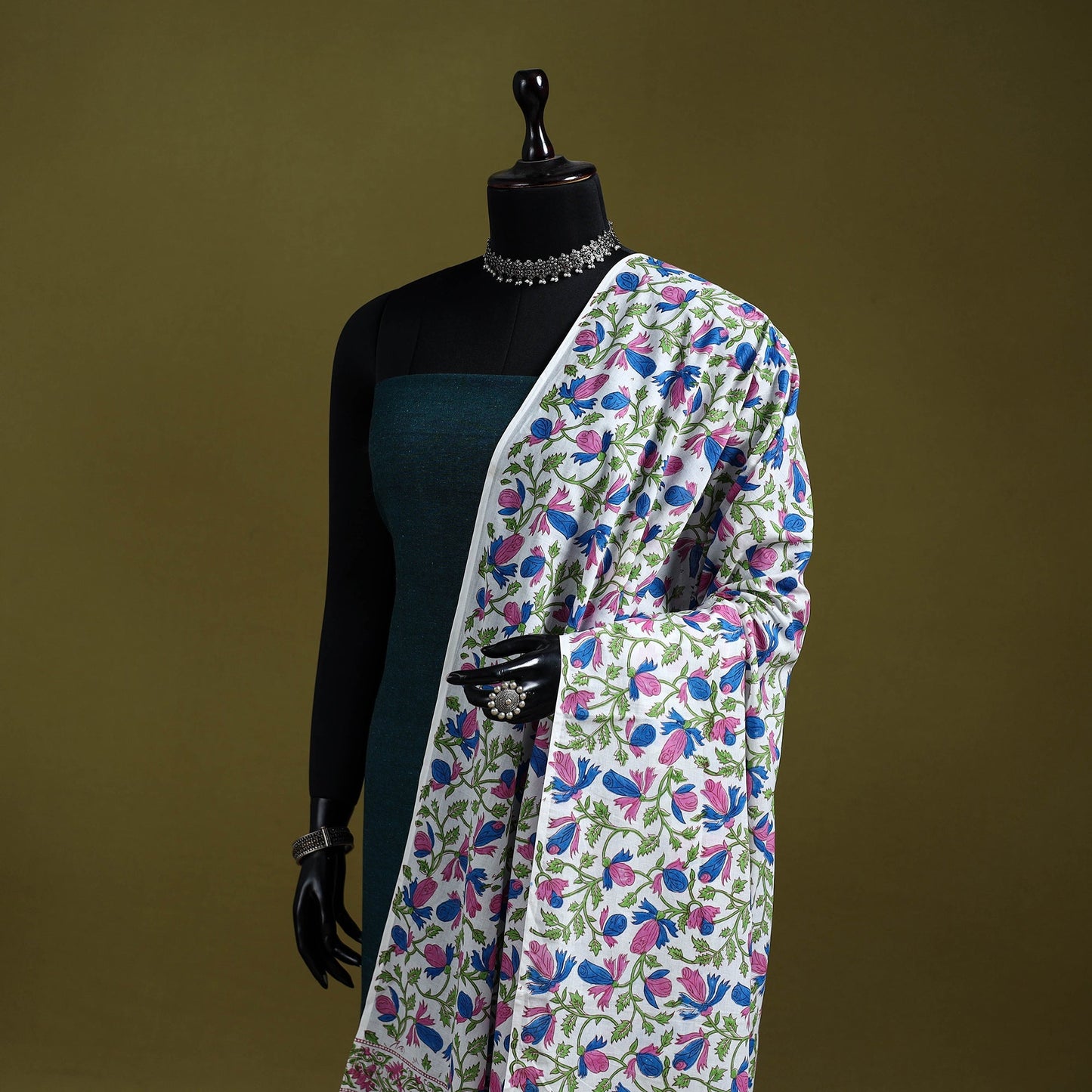 Cotton sanganeri floral dupatta 03 - handcrafted