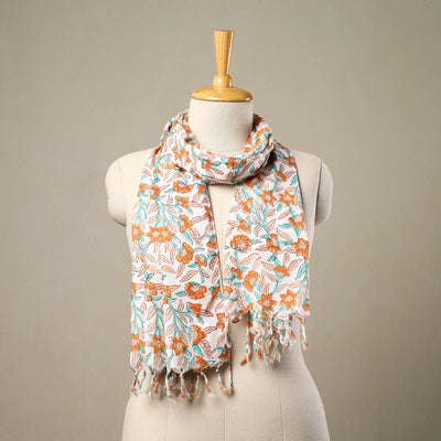 Multicolor Block Print Cotton Sanganeri Stole with Tassels