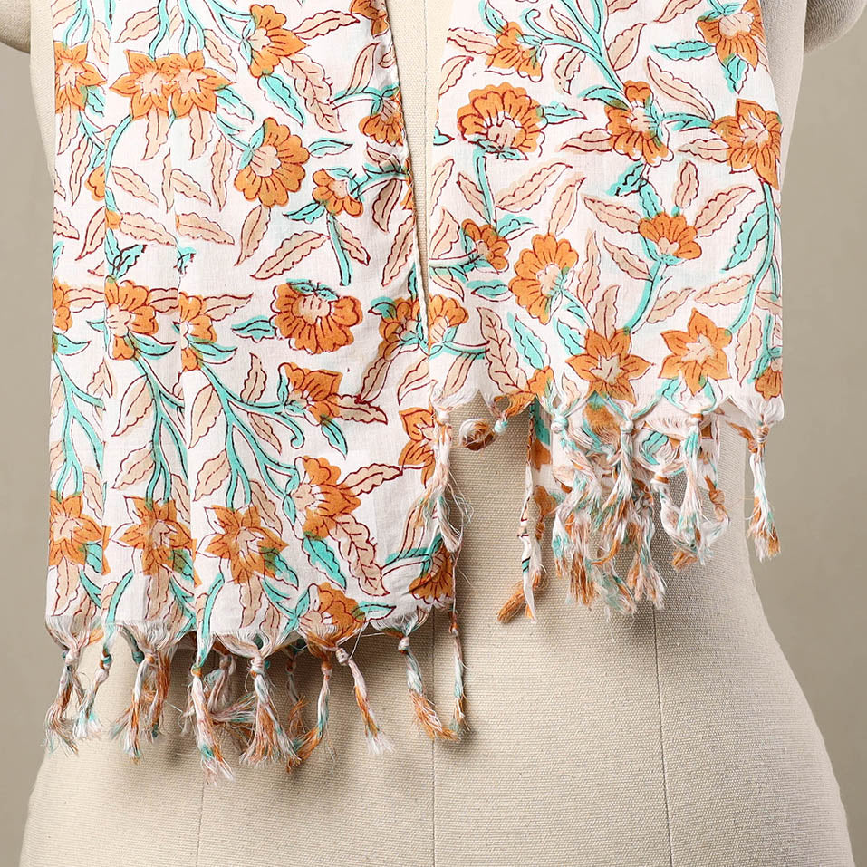 Multicolor Block Print Cotton Sanganeri Stole with Tassels