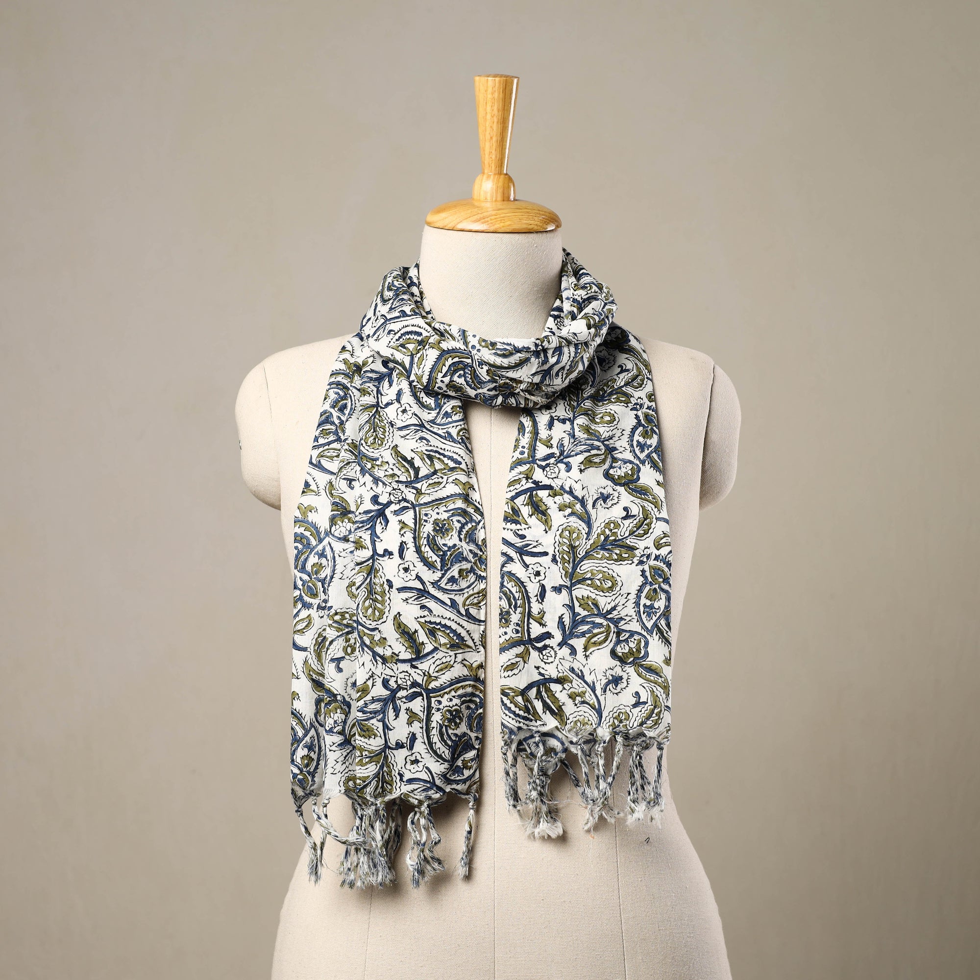 Block Print Cotton Multicolor Sanganeri Stole with Tassels