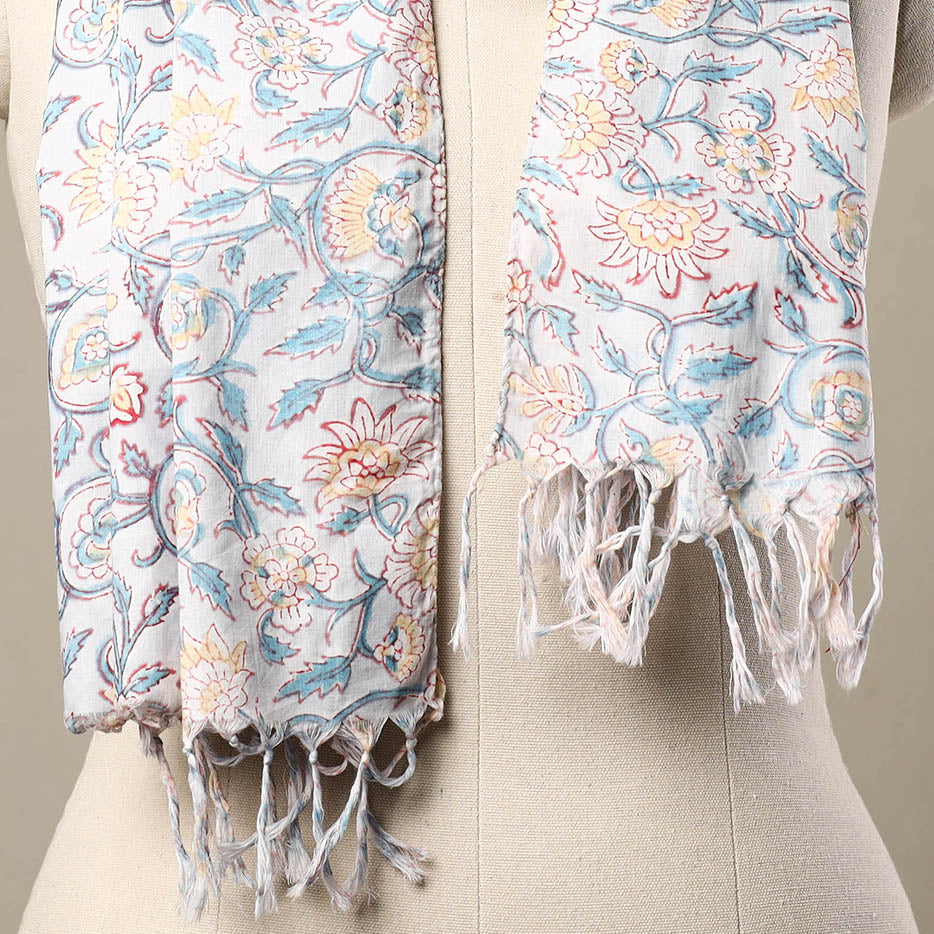 Buy Block Print Cotton Multicolor Sanganeri Stole with Tassels