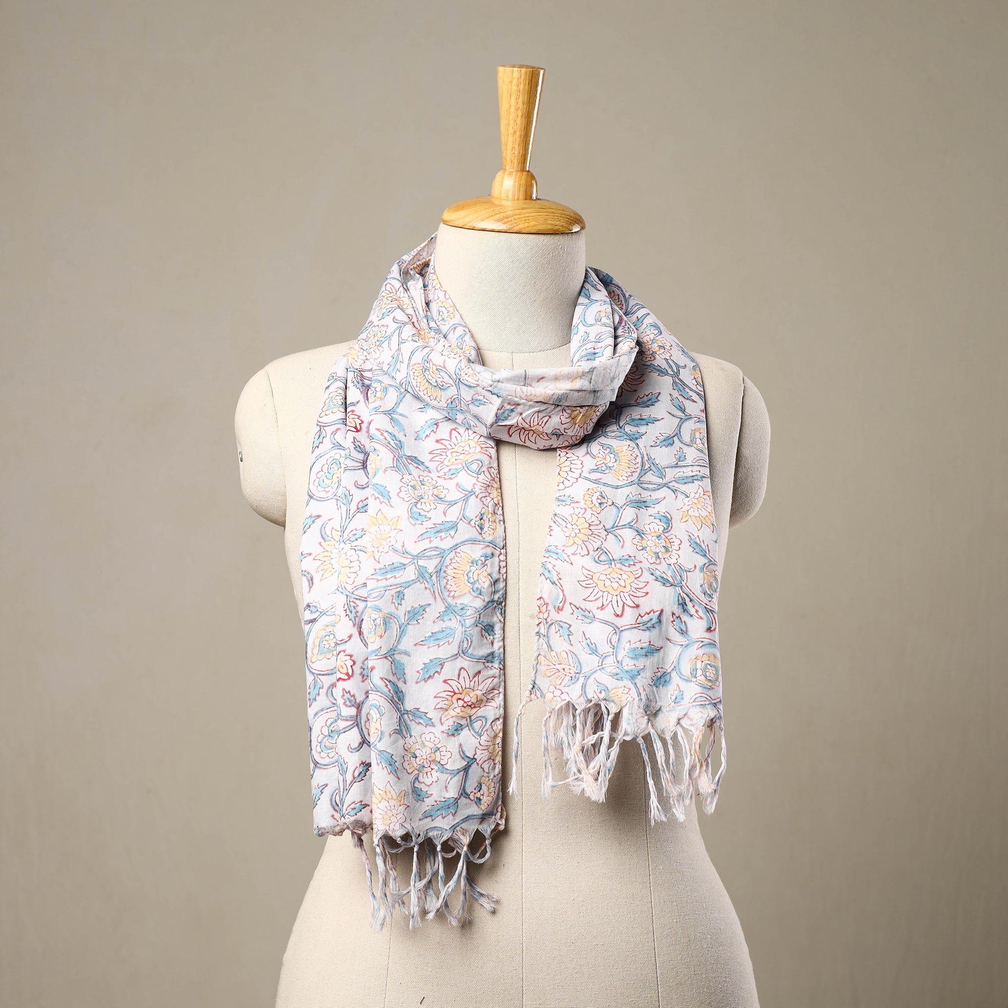 Buy Block Print Cotton Multicolor Sanganeri Stole with Tassels