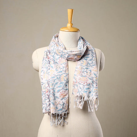 Buy Block Print Cotton Multicolor Sanganeri Stole with Tassels
