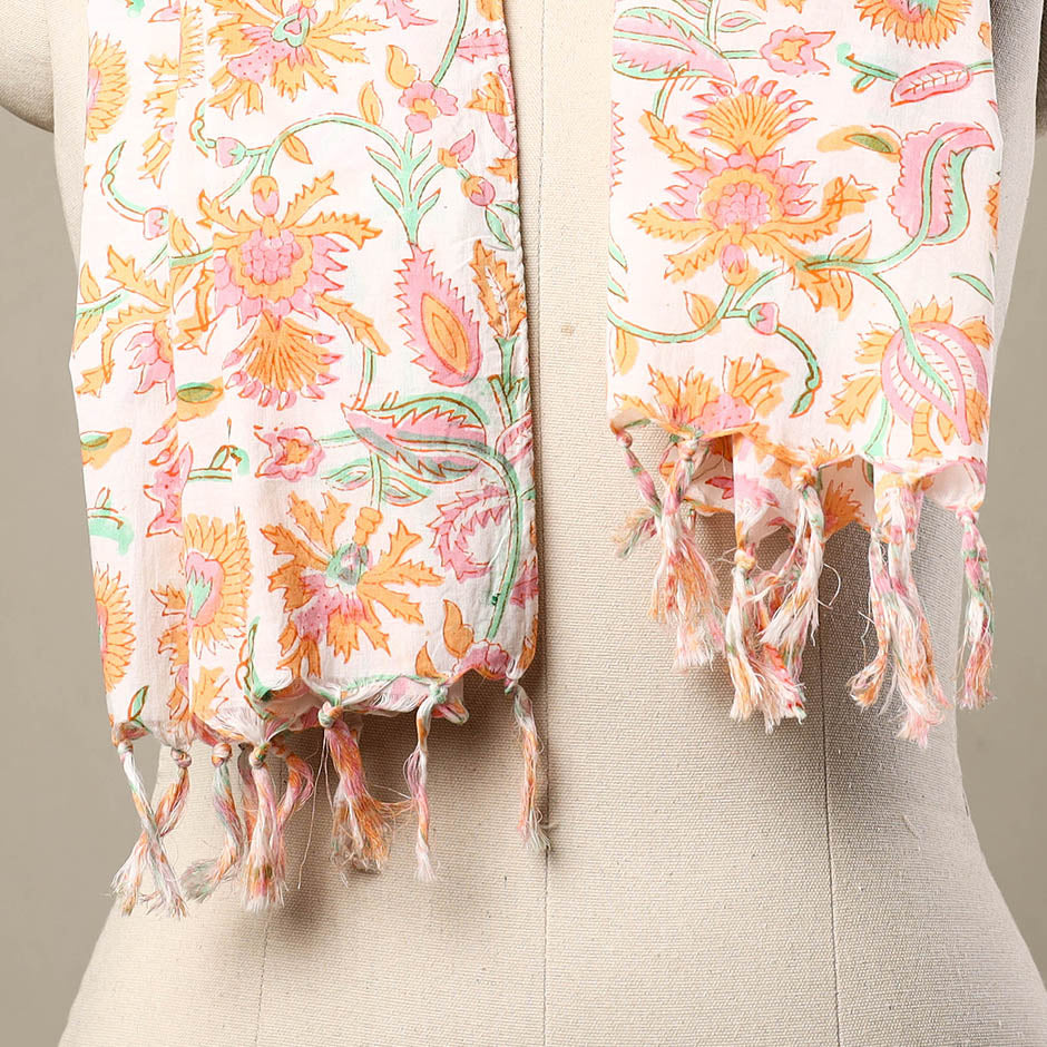 Multicolor Block Print Cotton Sanganeri Stole with Tassels