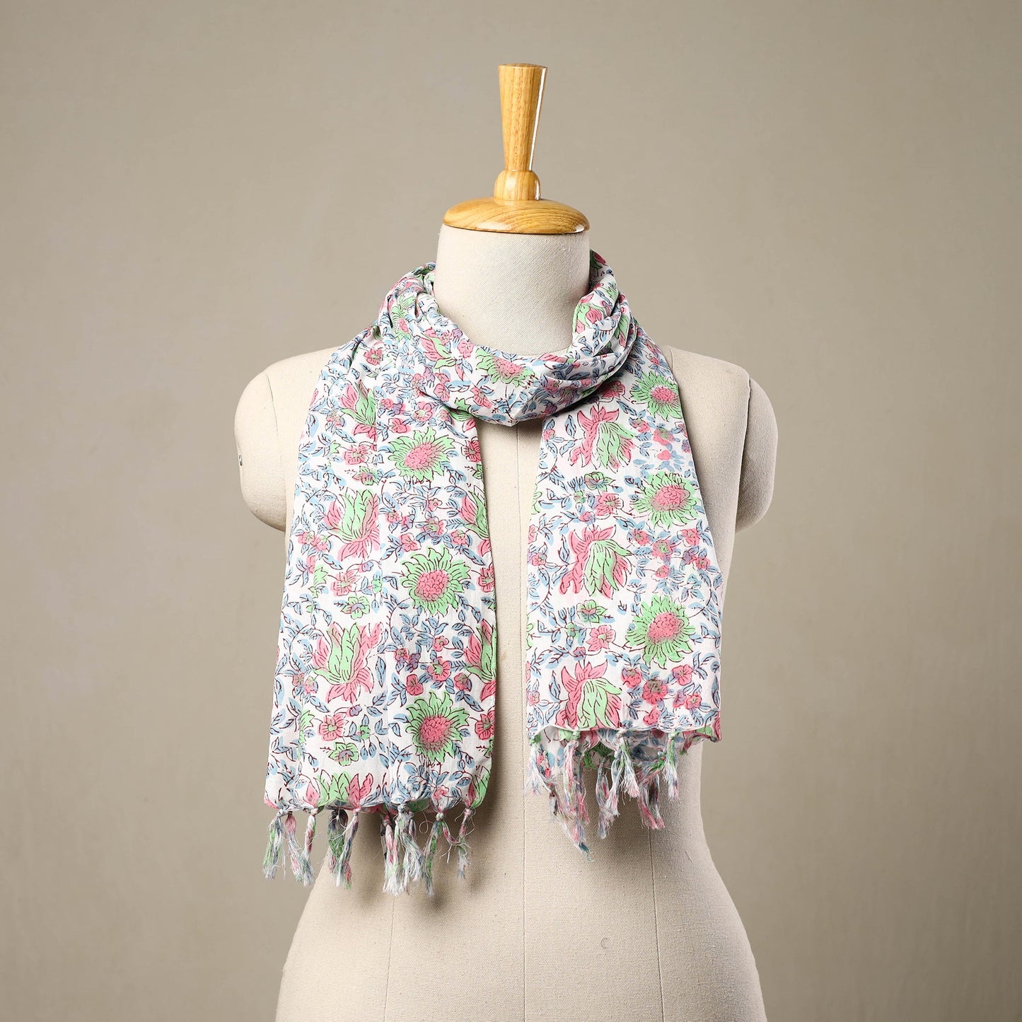 Multicolor - cotton sanganeri stole with tassels 229