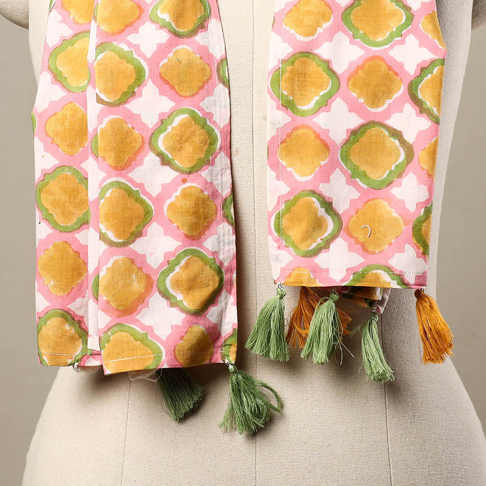 Multicolor Block Print Cotton Sanganeri Stole with Tassels