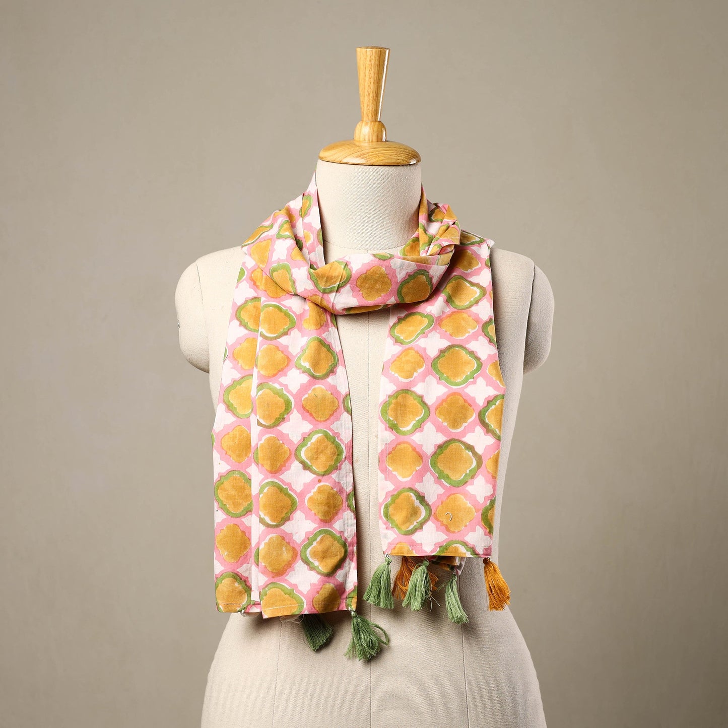 Multicolor Block Print Cotton Sanganeri Stole with Tassels