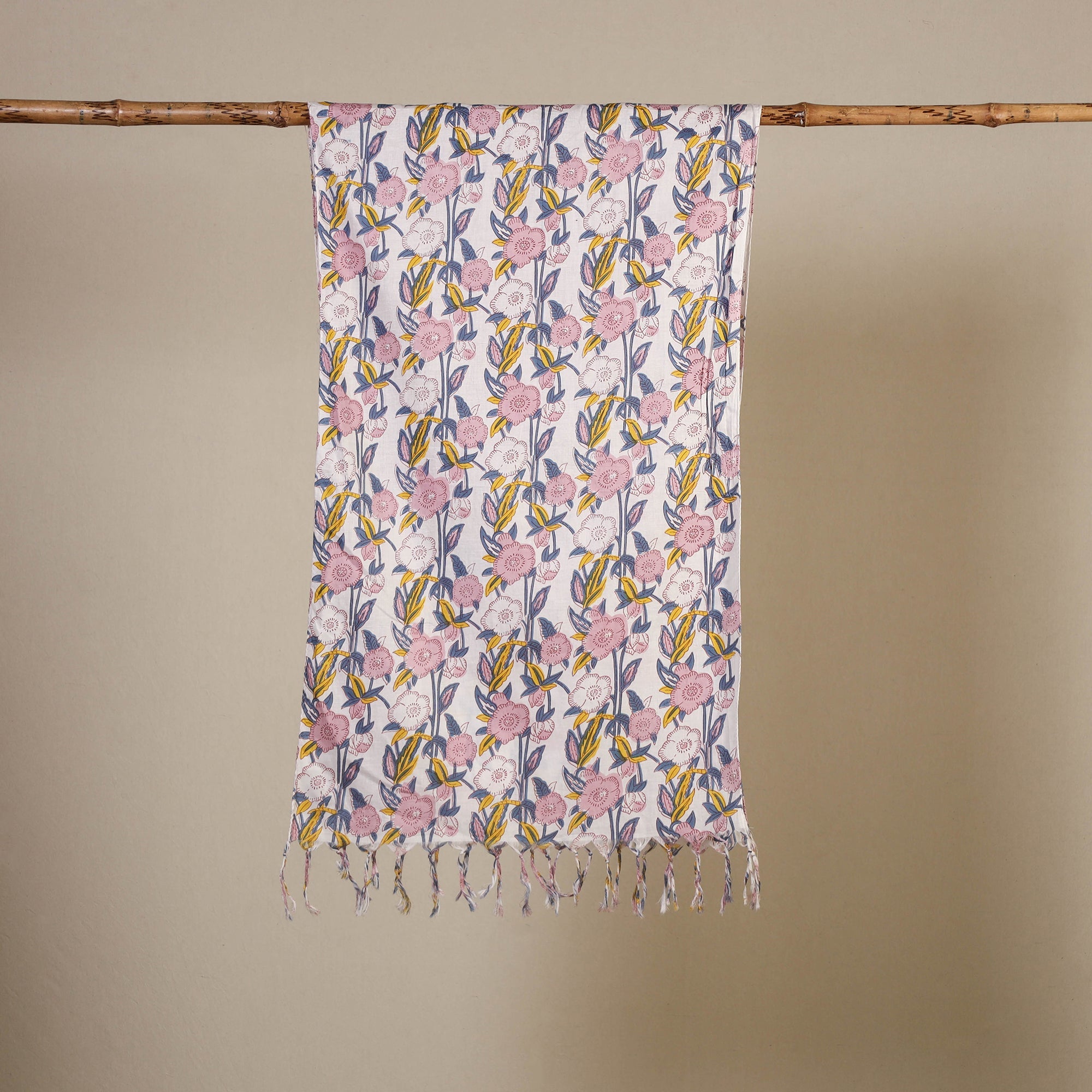 Block Print Cotton Sanganeri Stole with Tassels