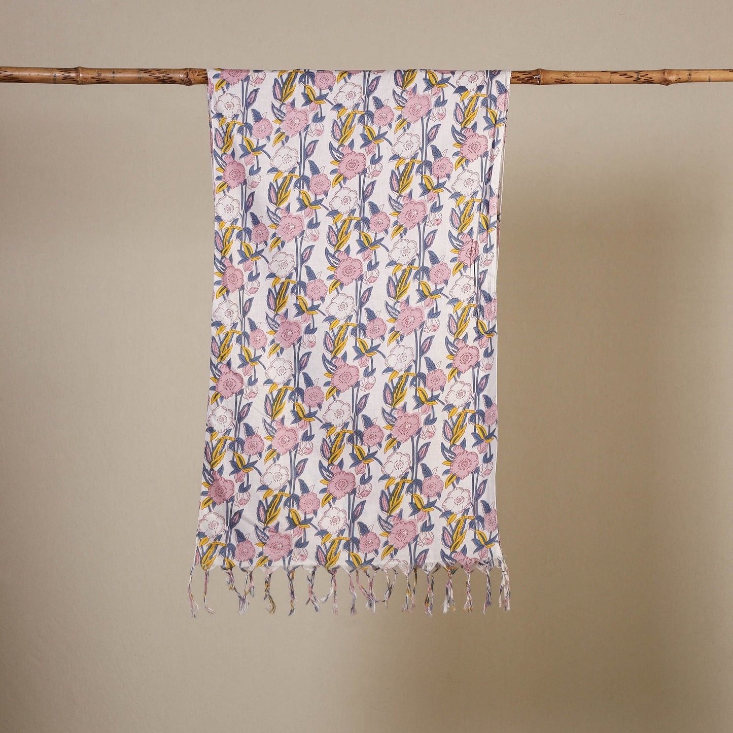 Block Print Cotton Sanganeri Stole with Tassels