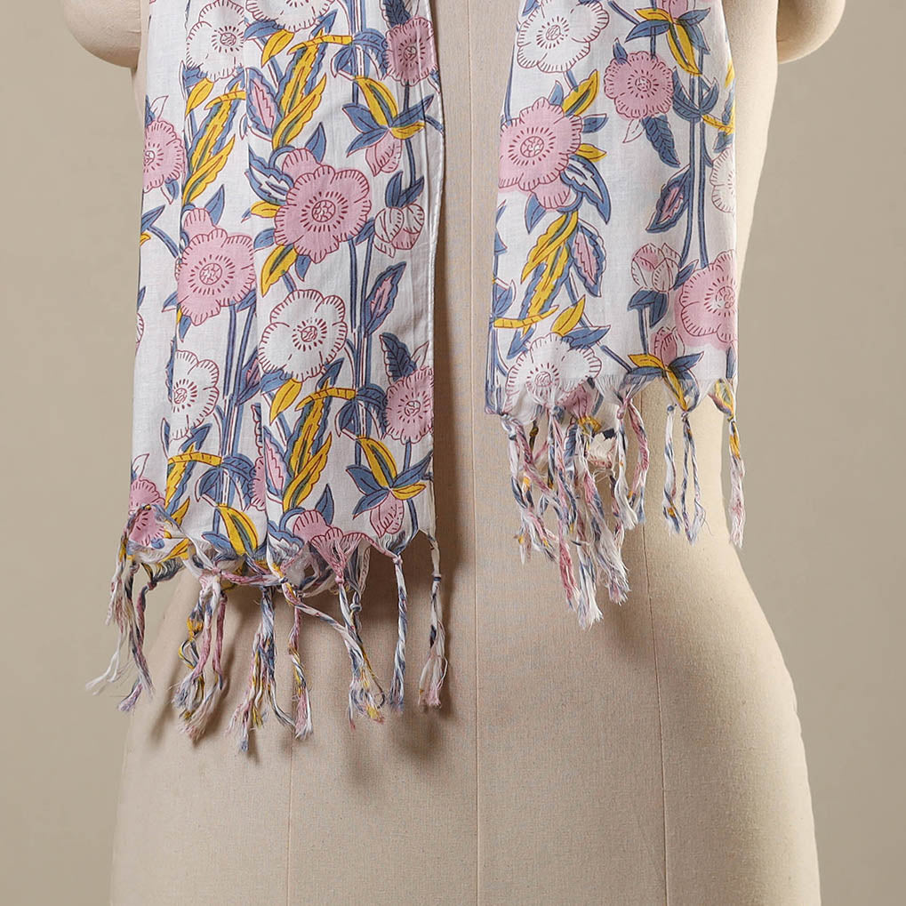 Block Print Cotton Sanganeri Stole with Tassels
