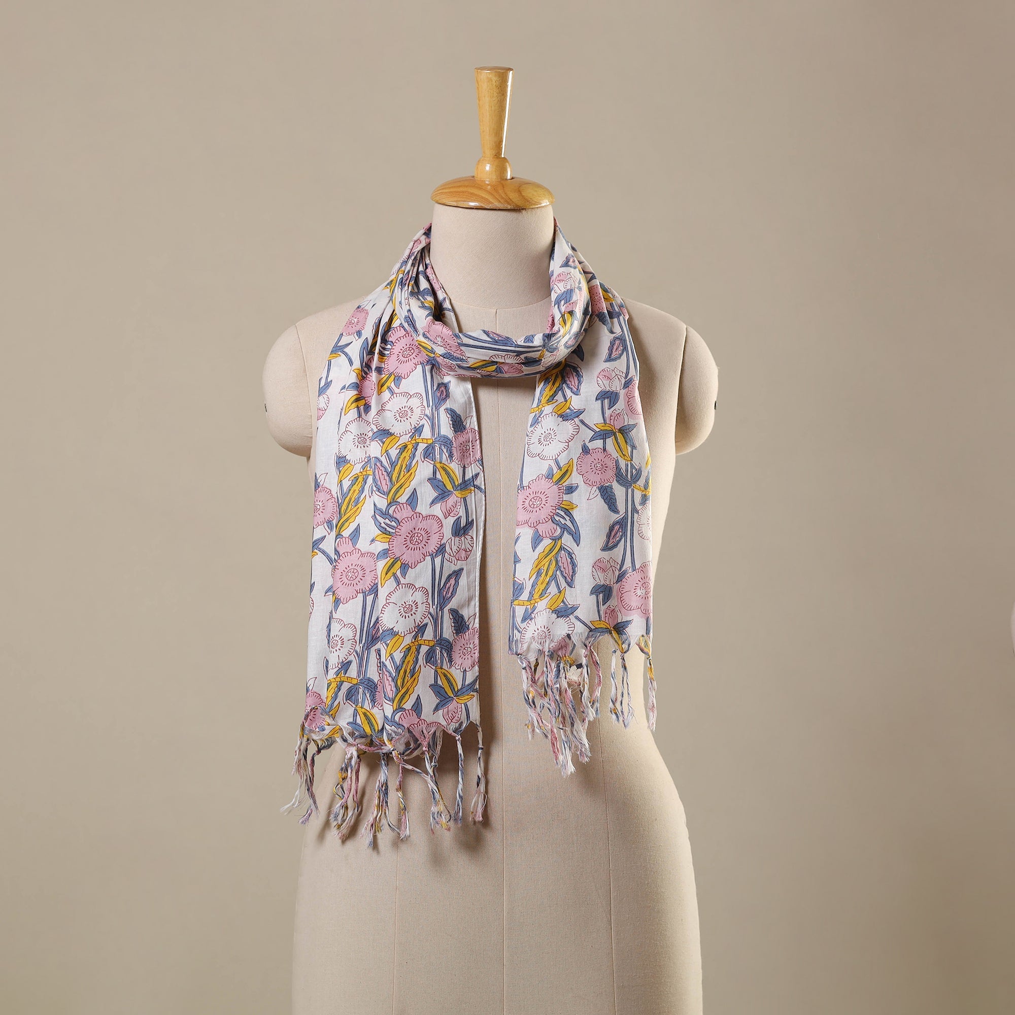 Block Print Cotton Sanganeri Stole with Tassels