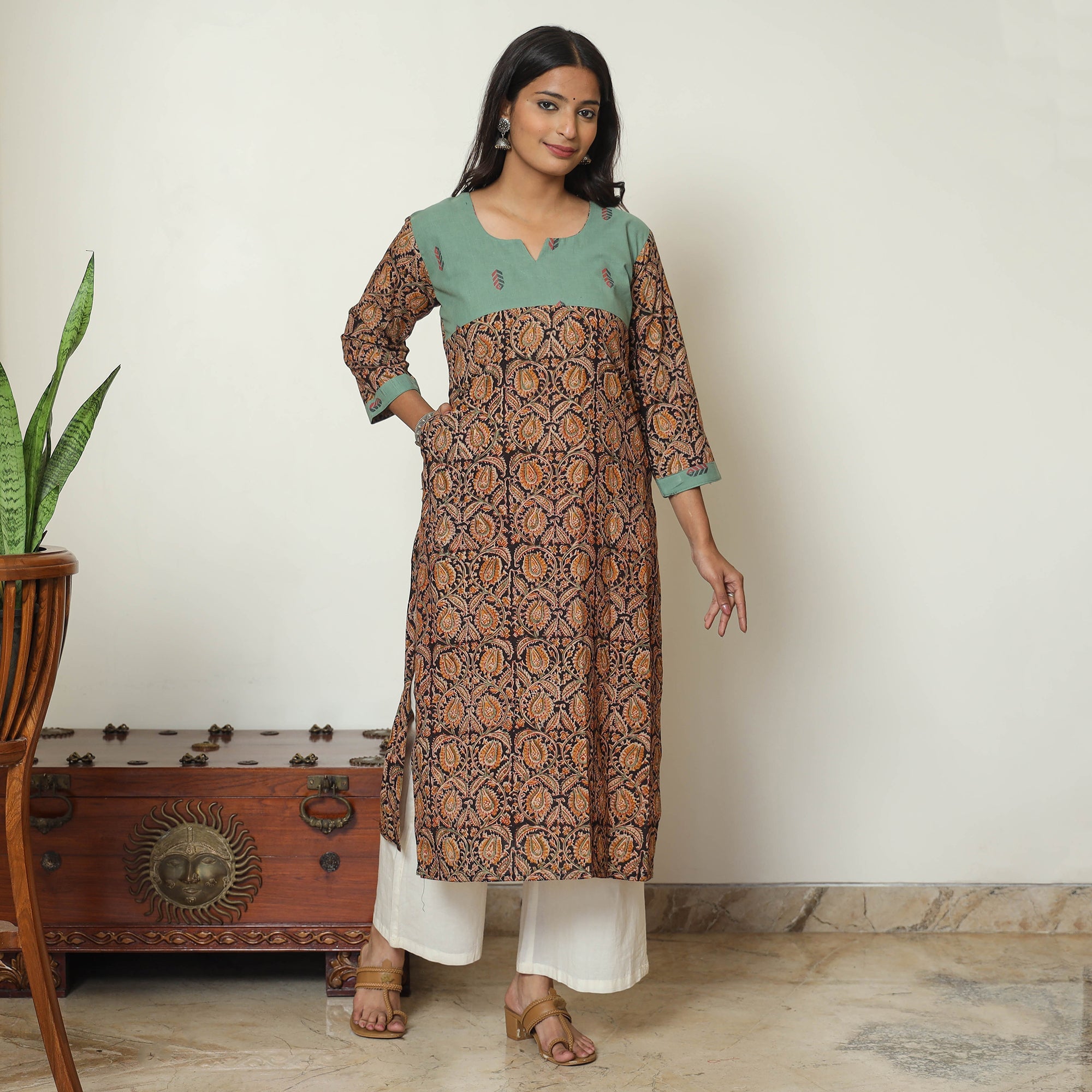 Black Block Print Cotton Straight Kalamkari Kurta For Women