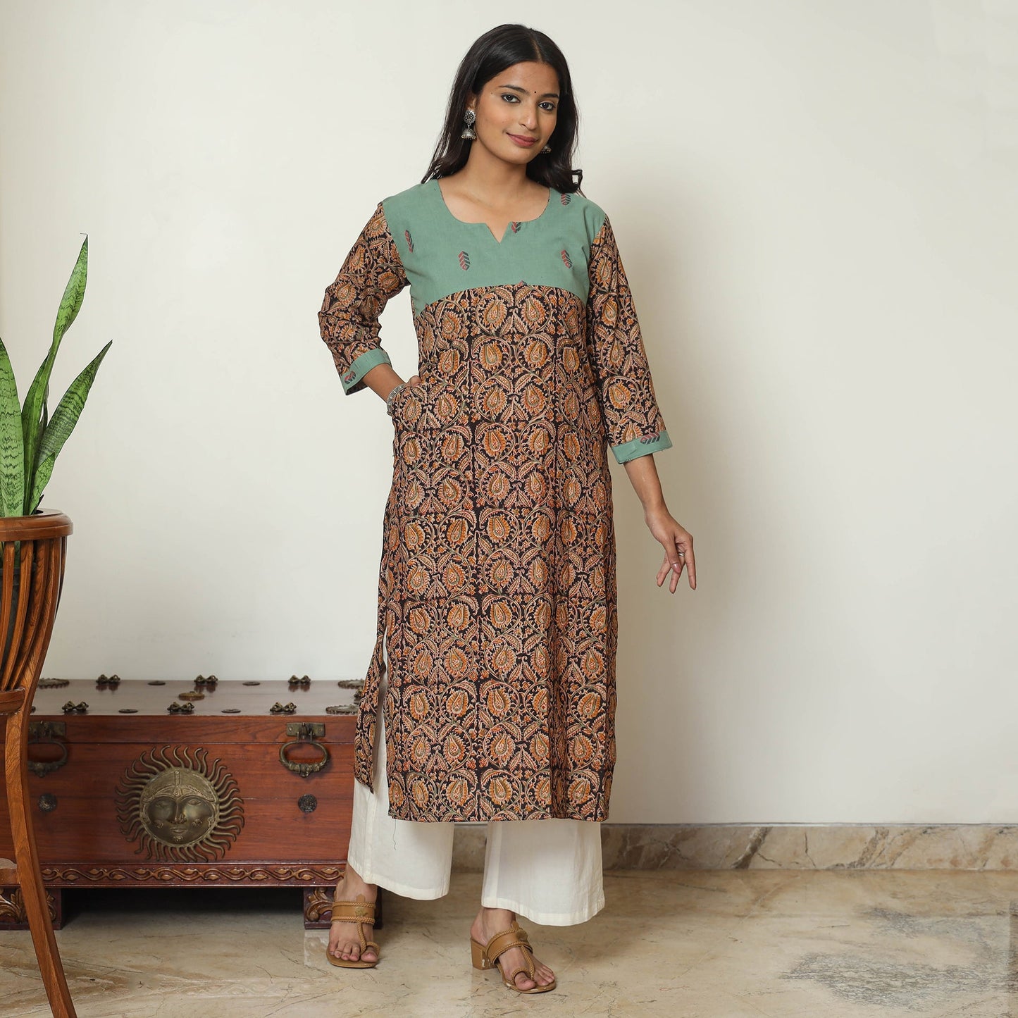 Black Block Print Cotton Straight Kalamkari Kurta For Women