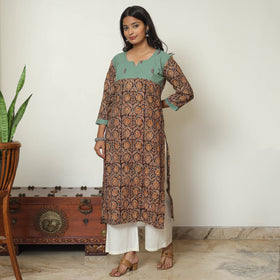 Black Block Print Cotton Straight Kalamkari Kurta For Women