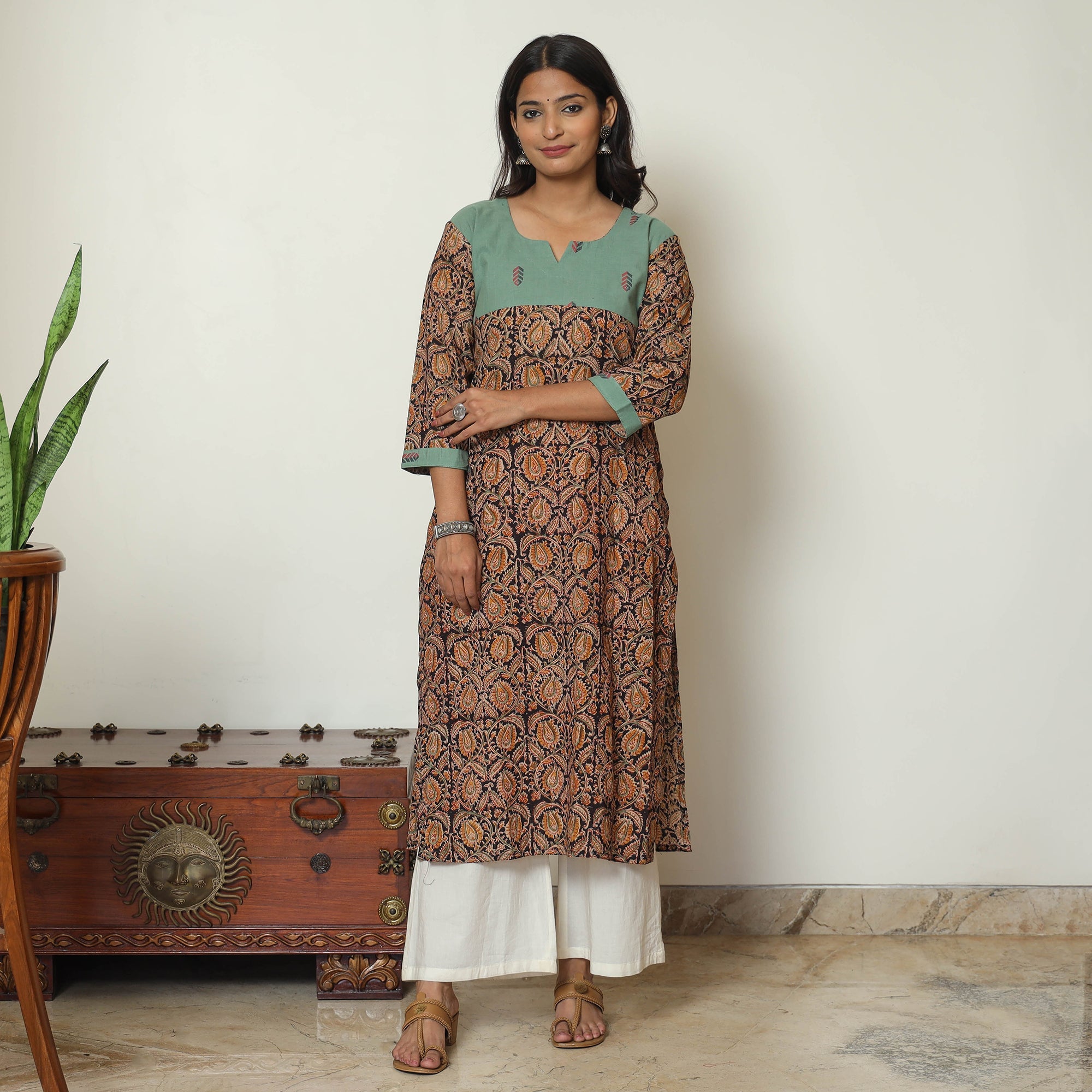 Black Block Print Cotton Straight Kalamkari Kurta For Women
