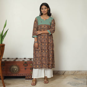 Black Block Print Cotton Straight Kalamkari Kurta For Women