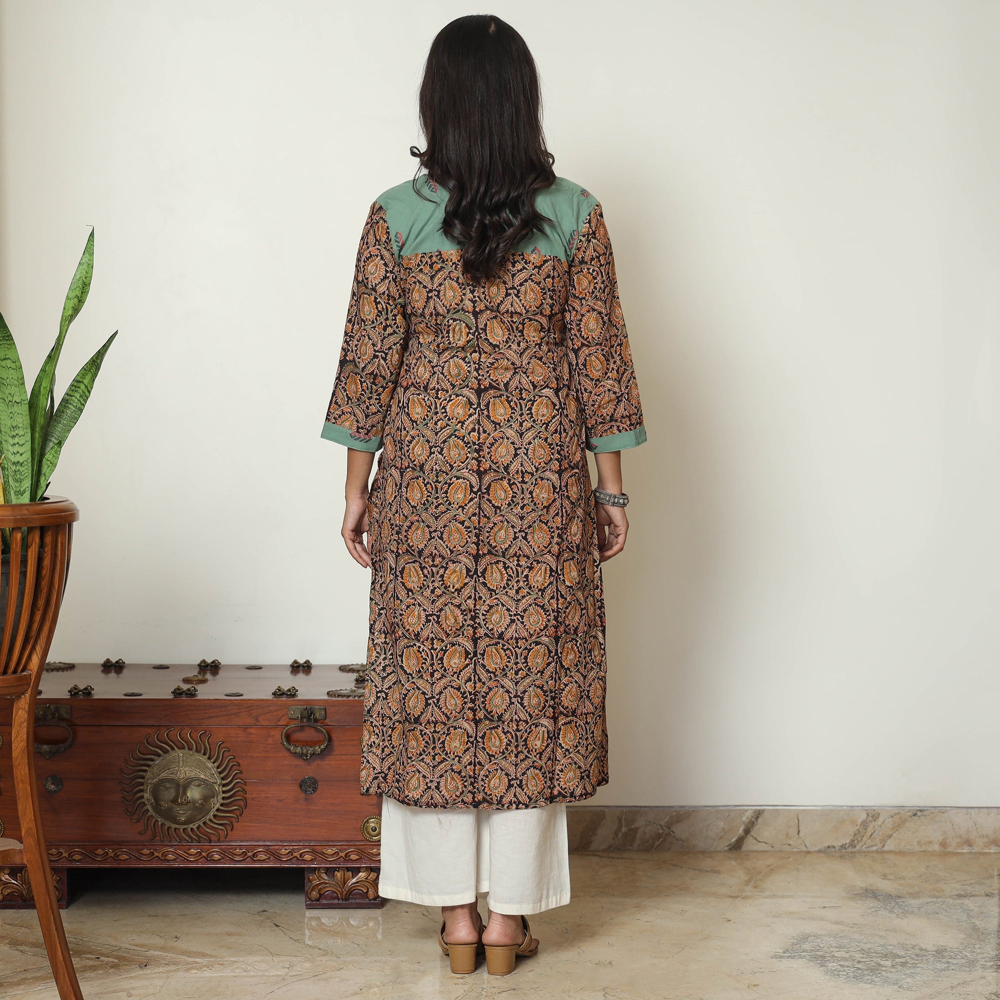 Black Block Print Cotton Straight Kalamkari Kurta For Women