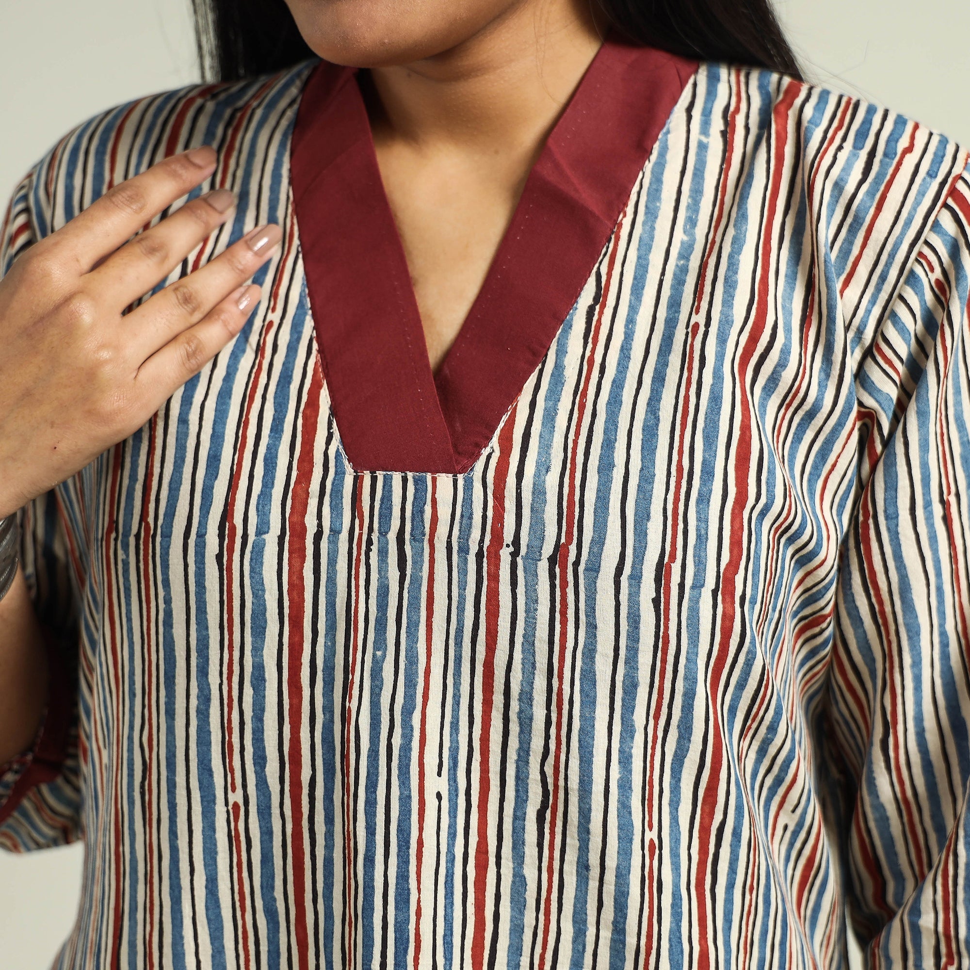 Multicolor - Cream with Stripes - Ajrakh Hand Block Printed Cotton A-Line Kurta