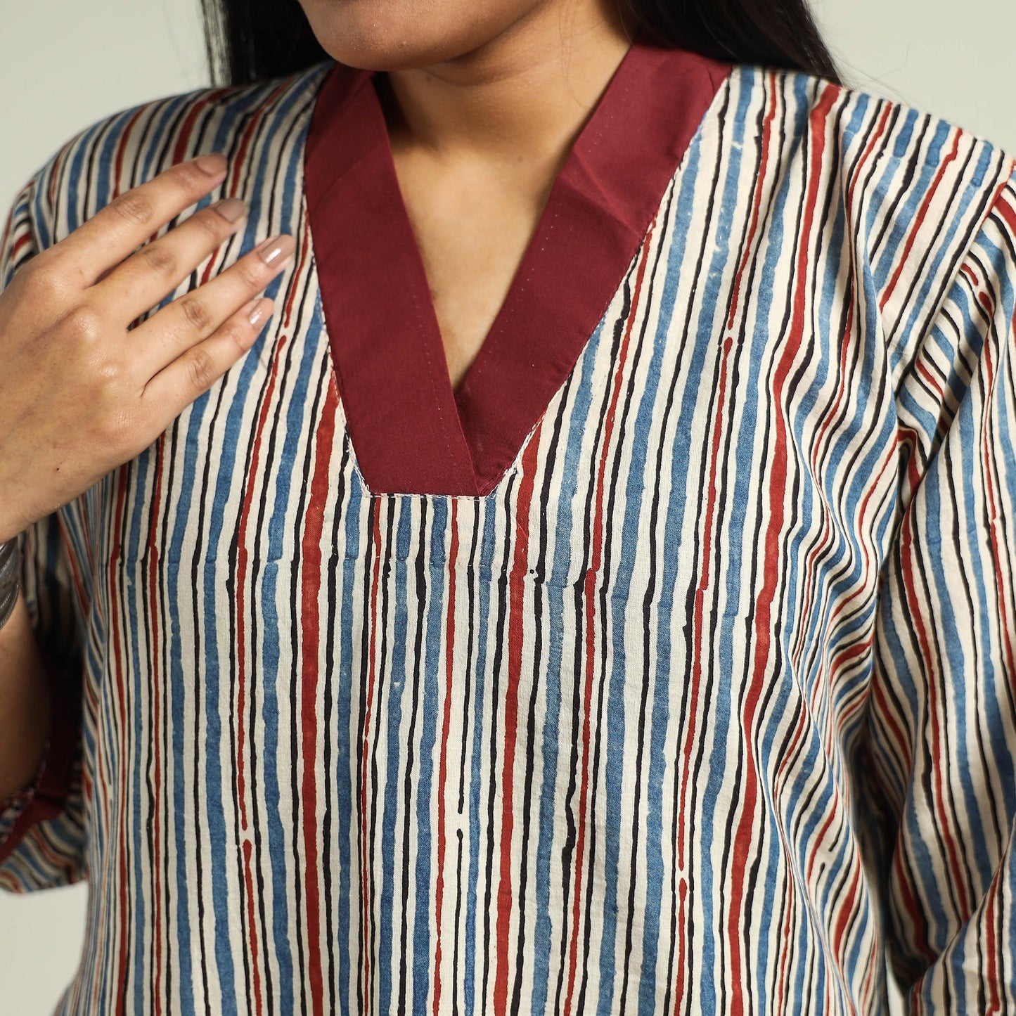 Multicolor - Cream with Stripes - Ajrakh Hand Block Printed Cotton A-Line Kurta