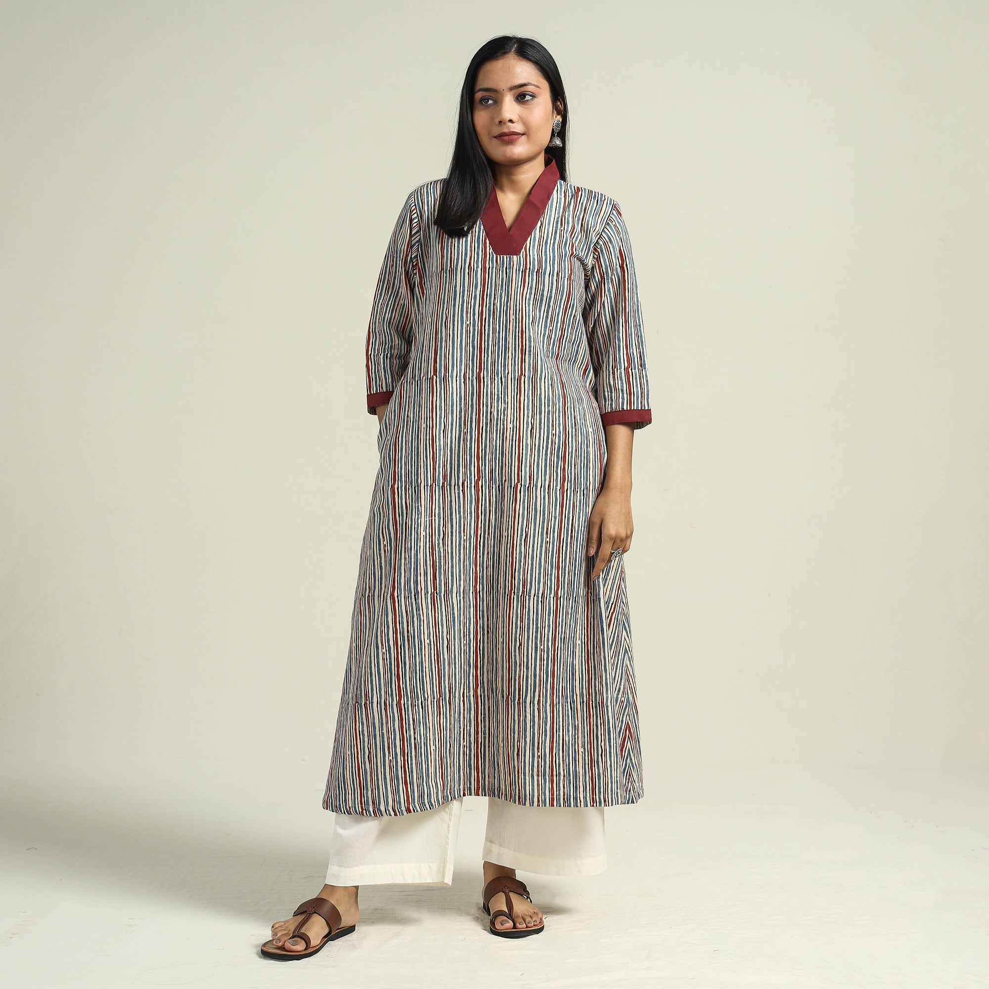Multicolor - Cream with Stripes - Ajrakh Hand Block Printed Cotton A-Line Kurta