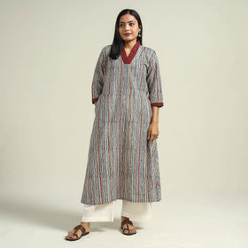 Multicolor - Cream with Stripes - Ajrakh Hand Block Printed Cotton A-Line Kurta