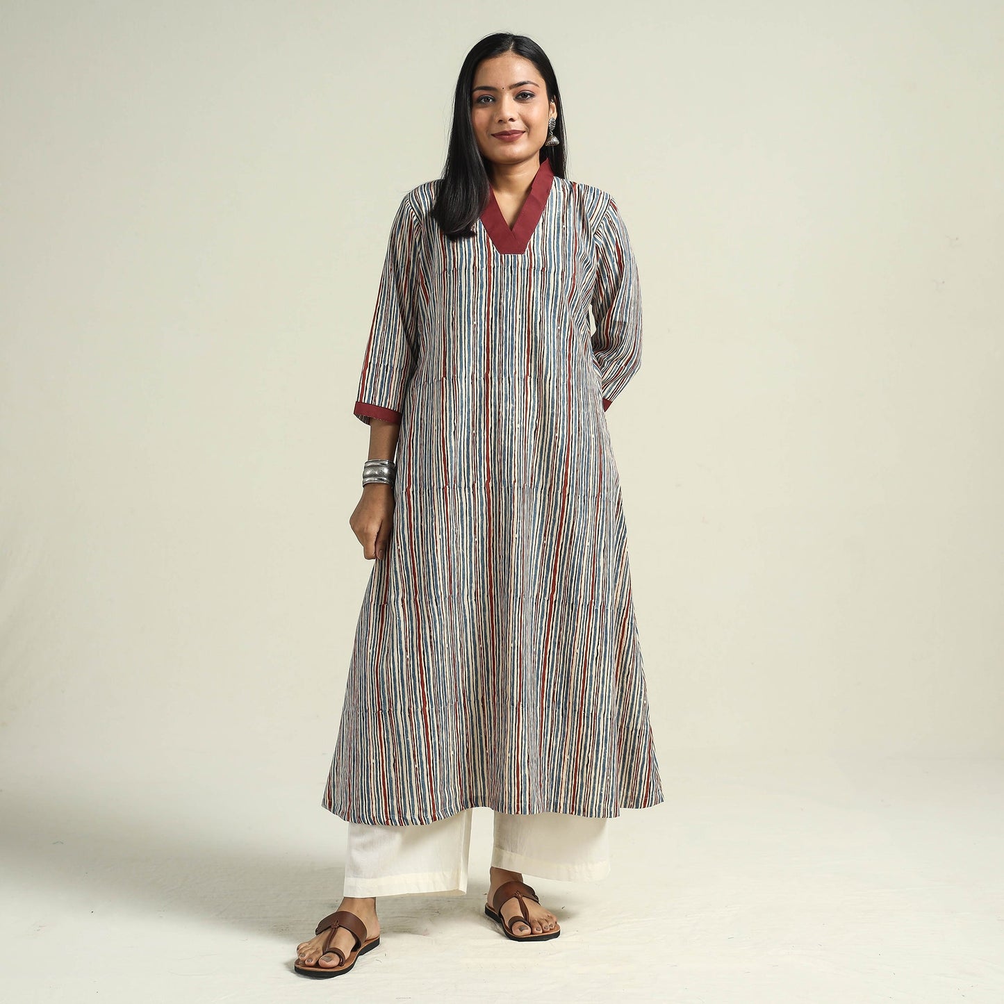 Multicolor - Cream with Stripes - Ajrakh Hand Block Printed Cotton A-Line Kurta