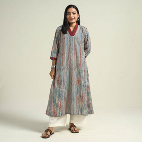 Multicolor - Cream with Stripes - Ajrakh Hand Block Printed Cotton A-Line Kurta