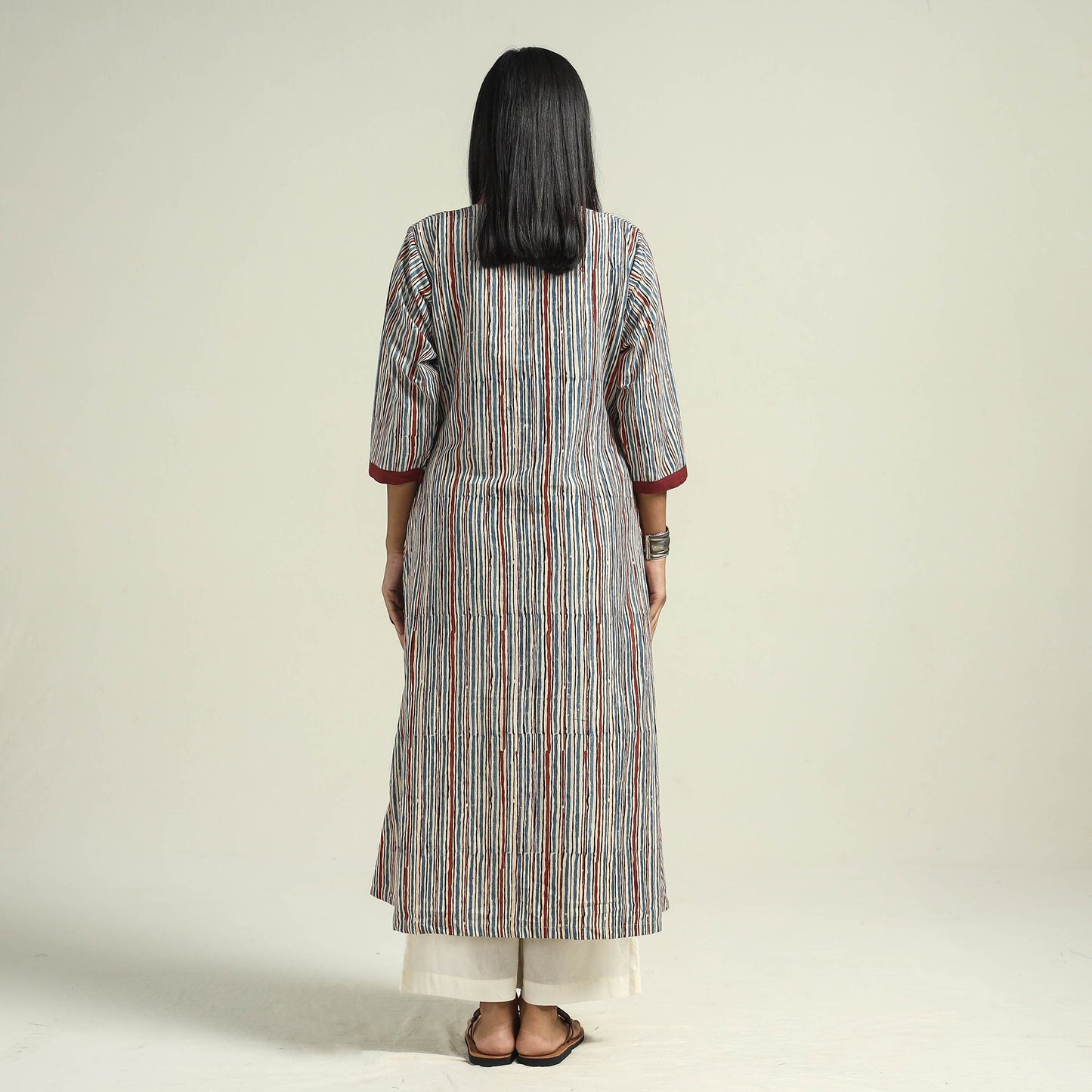 Multicolor - Cream with Stripes - Ajrakh Hand Block Printed Cotton A-Line Kurta