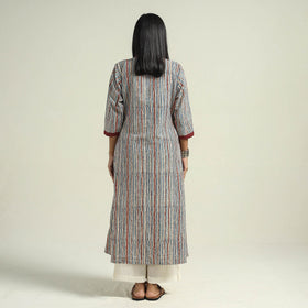 Multicolor - Cream with Stripes - Ajrakh Hand Block Printed Cotton A-Line Kurta