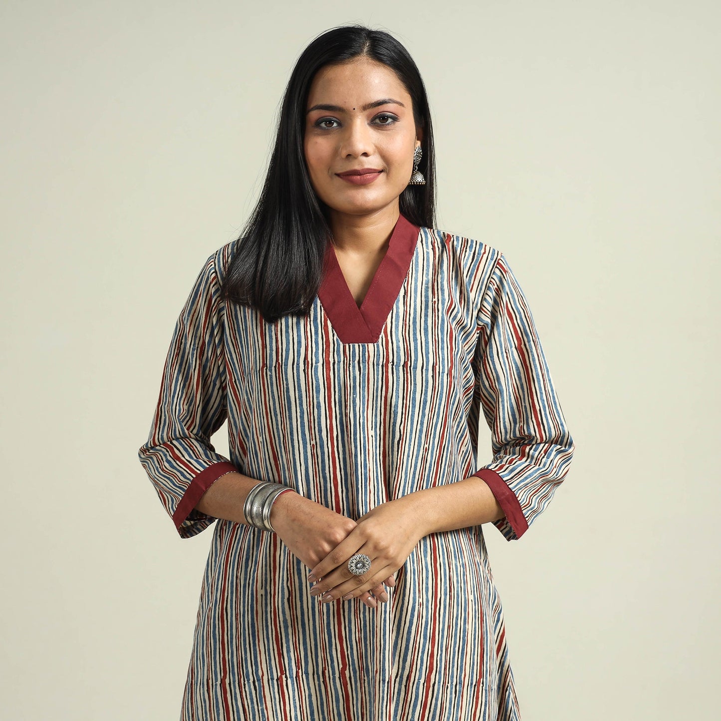Multicolor - Cream with Stripes - Ajrakh Hand Block Printed Cotton A-Line Kurta