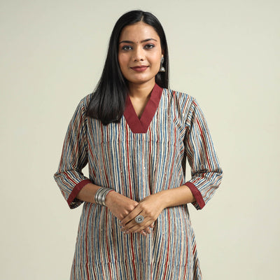 Multicolor - Cream with Stripes - Ajrakh Hand Block Printed Cotton A-Line Kurta