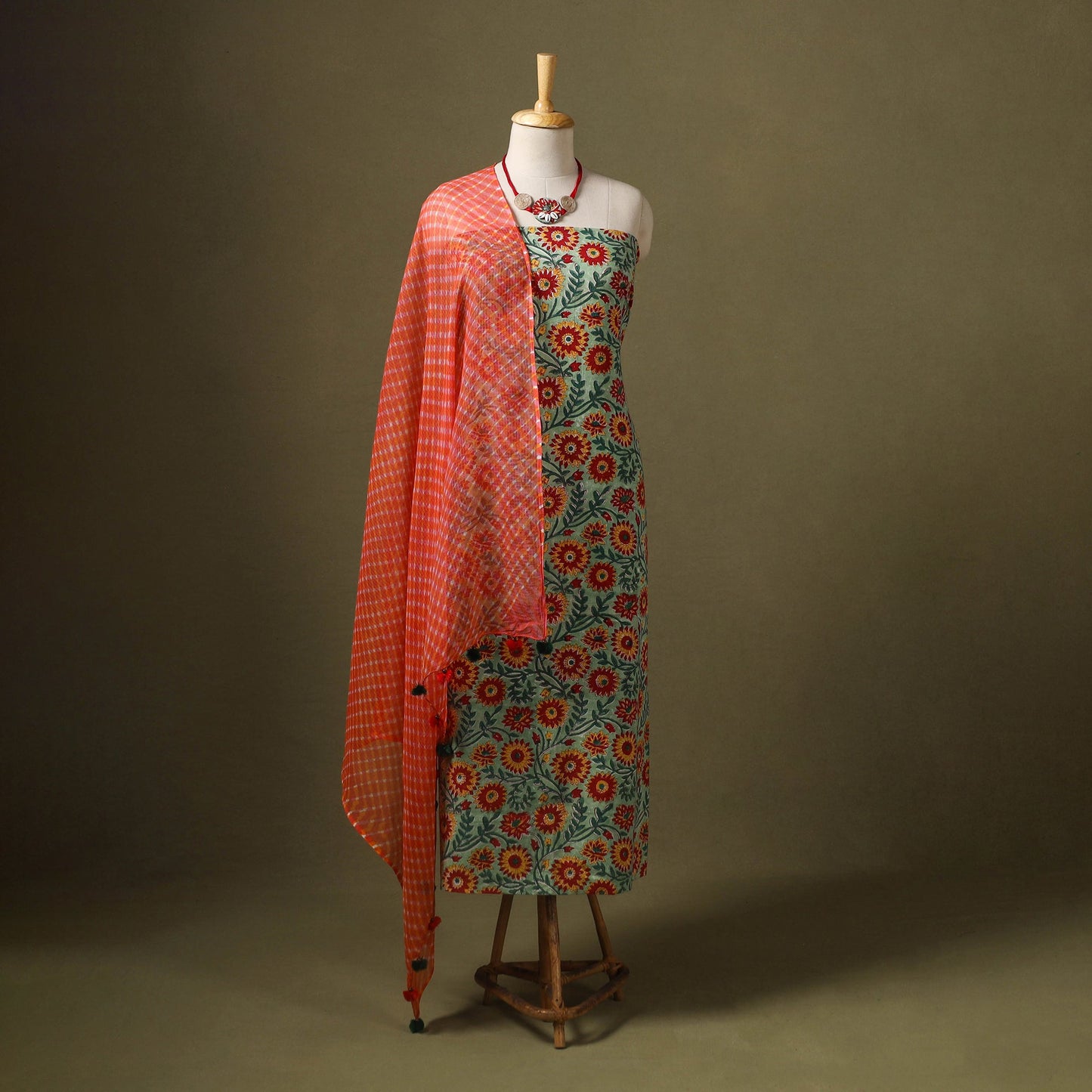 Multicolor Designer! Block Print Cotton Dress Material with Jewellery Set