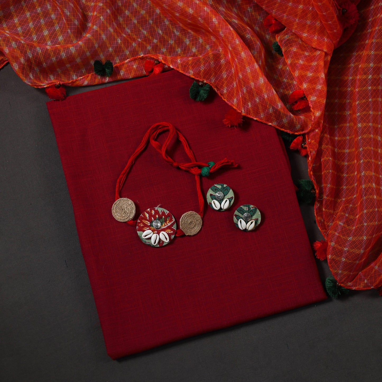 Multicolor Designer! Block Print Cotton Dress Material with Jewellery Set