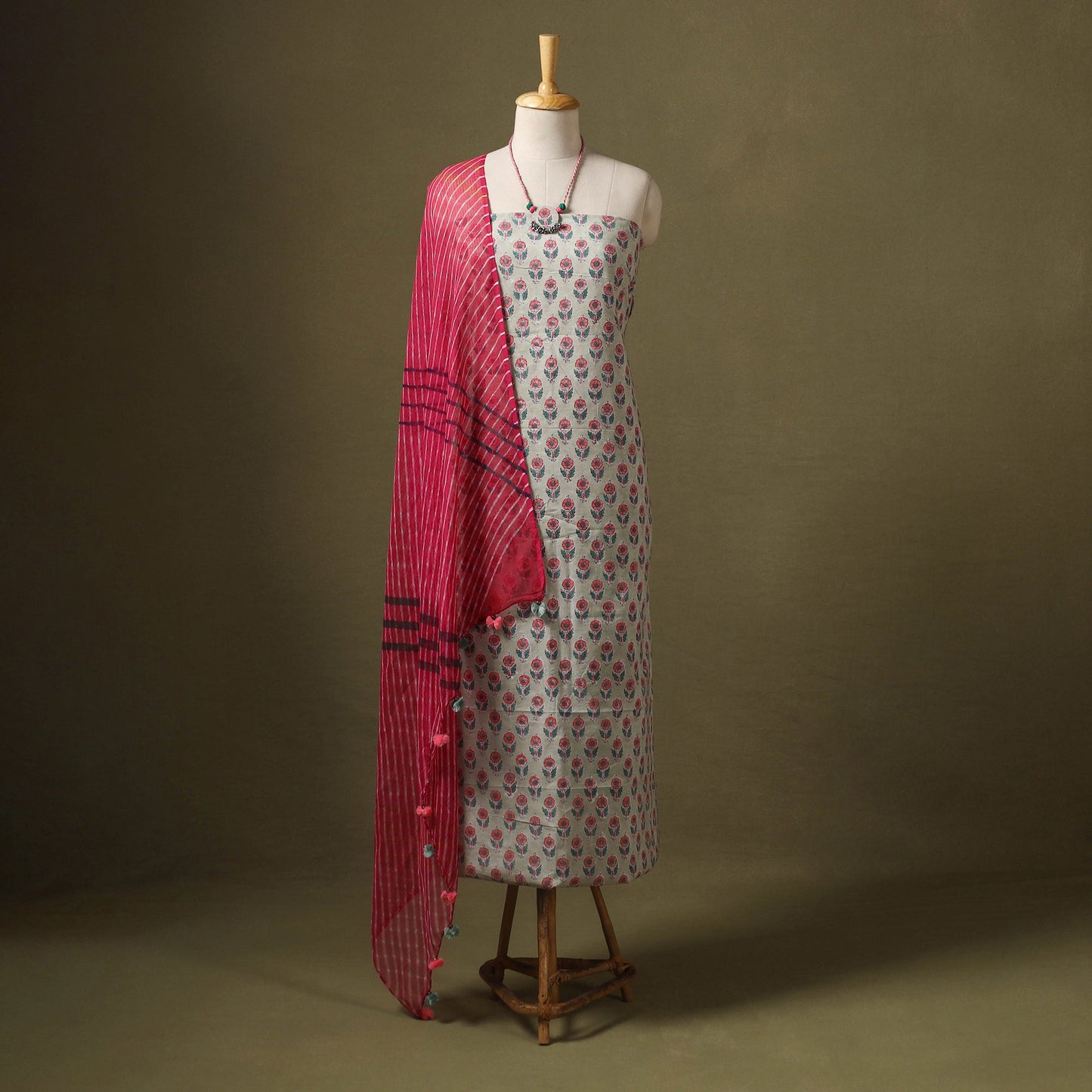 Multicolor Designer! Block Print Cotton Dress Material with Jewellery Set