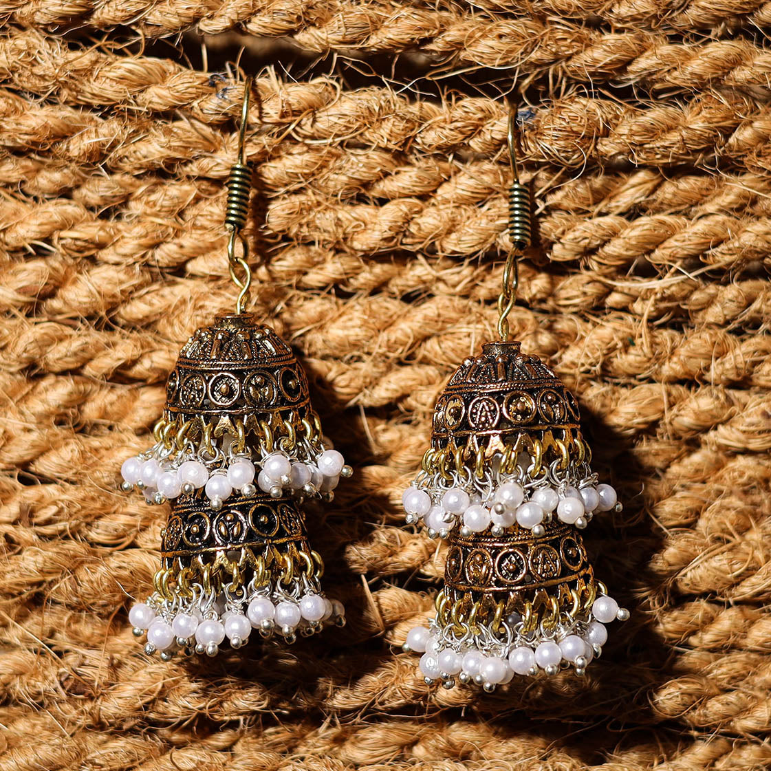 Falak Handcrafted Golden GS Beaded Jhumki Earrings