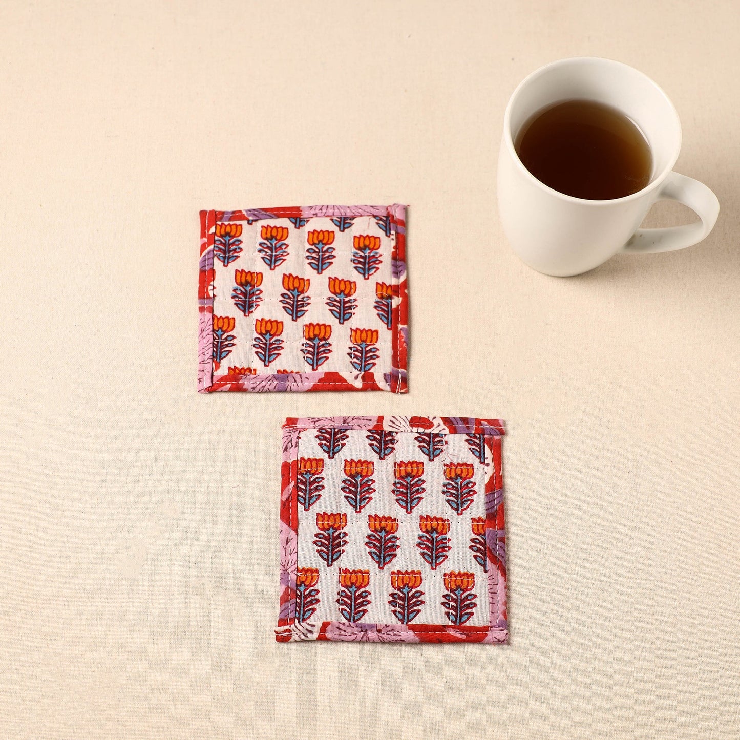  Floral Print Cotton Quilted Coasters (Set of 2)