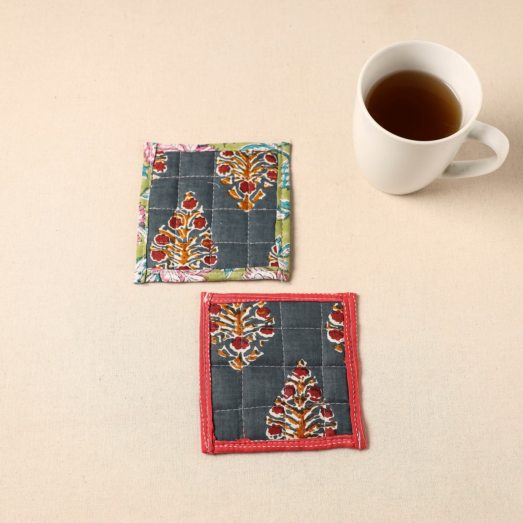  Floral Print Cotton Quilted Coasters (Set of 2)