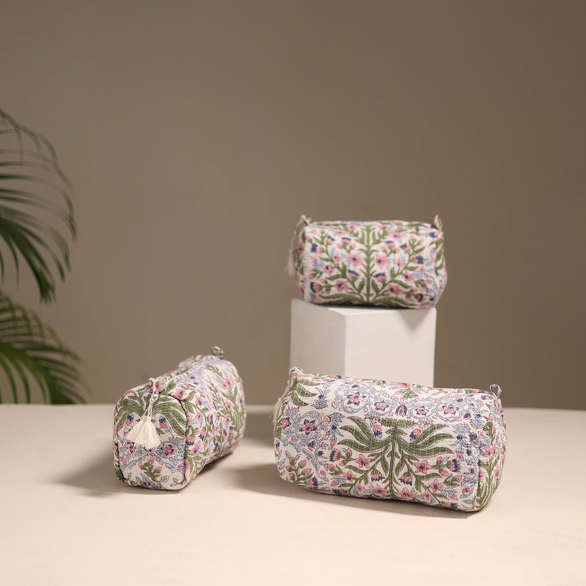 Multicolor - floral hand quilted toiletry bags (set of 3)