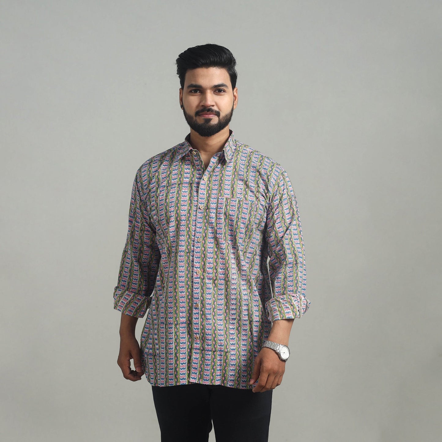 Buy Multicolor Full Sleeve Cotton Men Sanganeri Print Shirt
