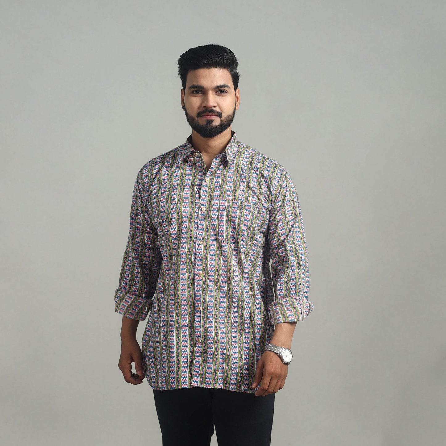 Buy Multicolor Full Sleeve Cotton Men Sanganeri Print Shirt