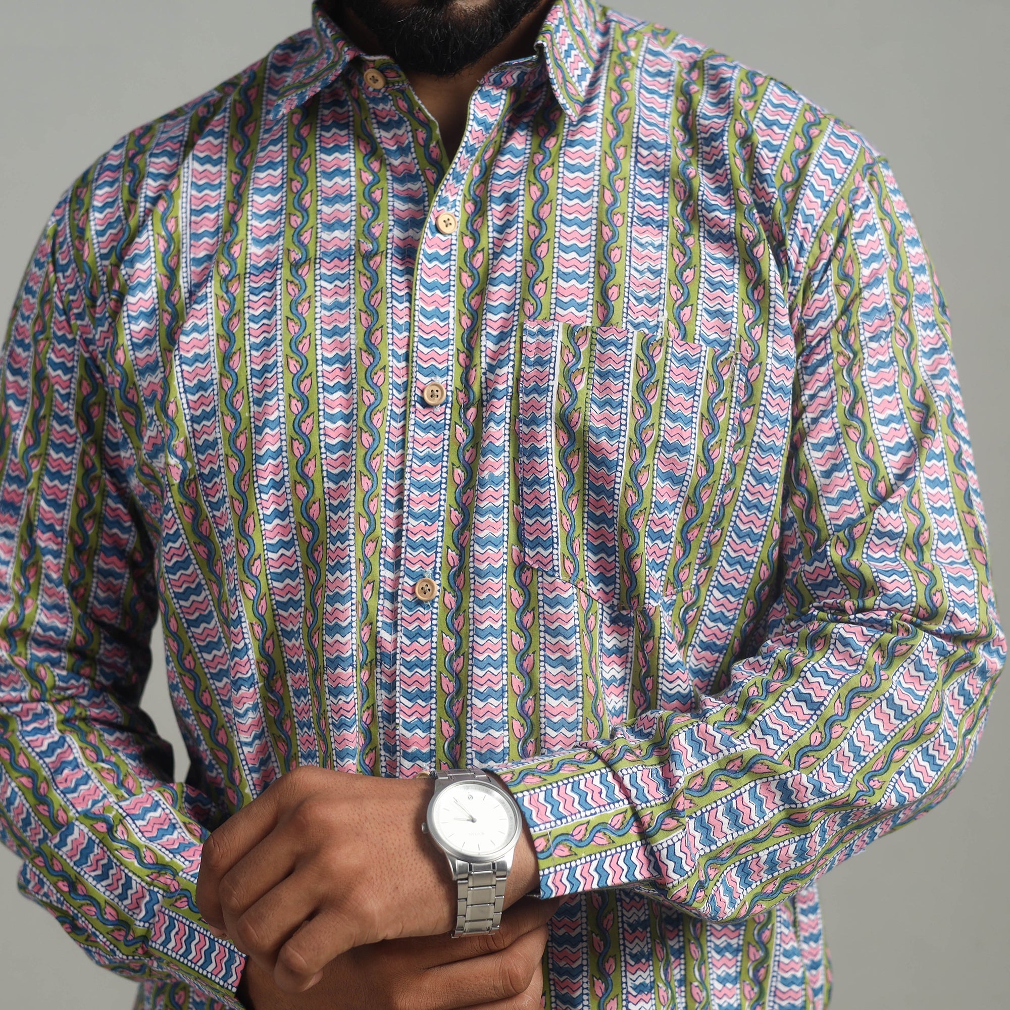 Buy Multicolor Full Sleeve Cotton Men Sanganeri Print Shirt