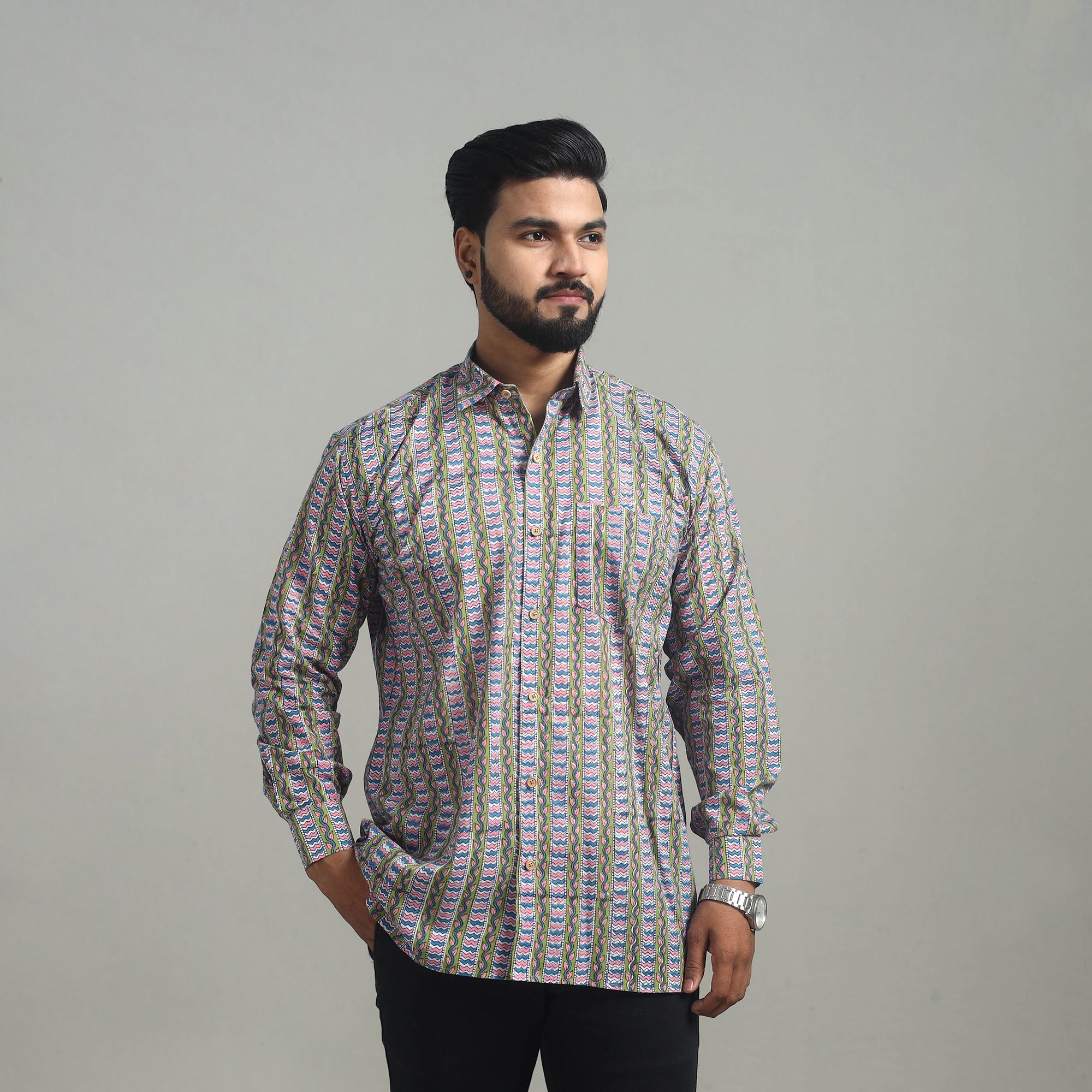 Buy Multicolor Full Sleeve Cotton Men Sanganeri Print Shirt