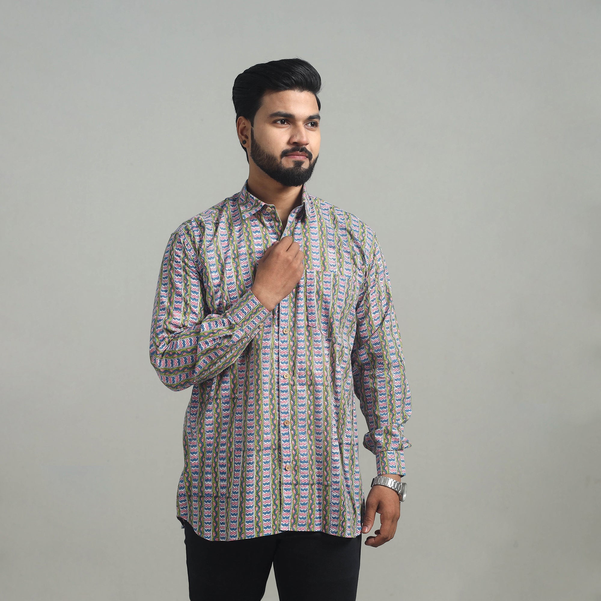 Buy Multicolor Full Sleeve Cotton Men Sanganeri Print Shirt